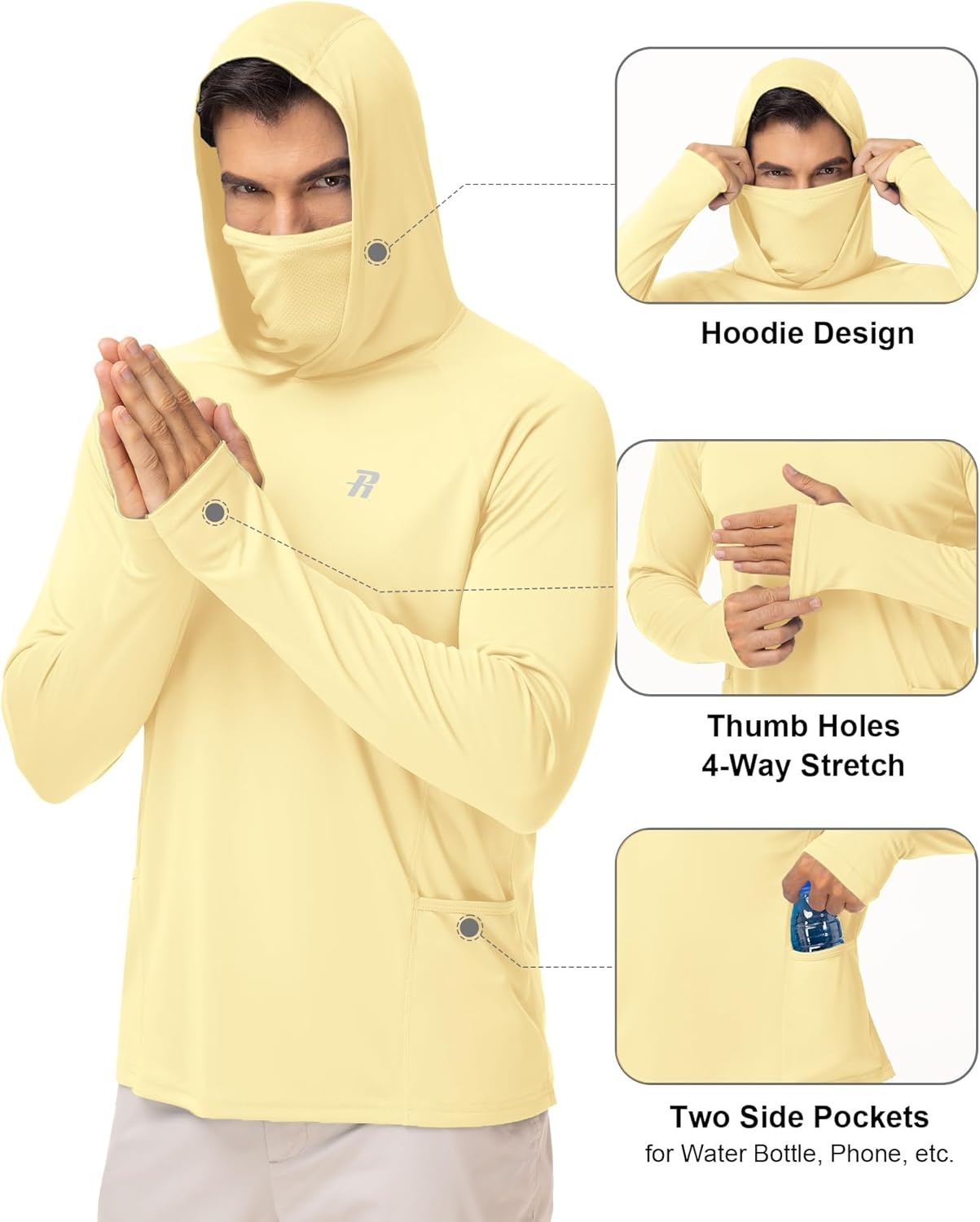 image:imageRunhit Mens UPF 50 Fishing Shirt Hoodie with Mask UV Sun Protection Long Sleeve Shirt Rash Guard Hiking Lightweight CoolingBright Yellow