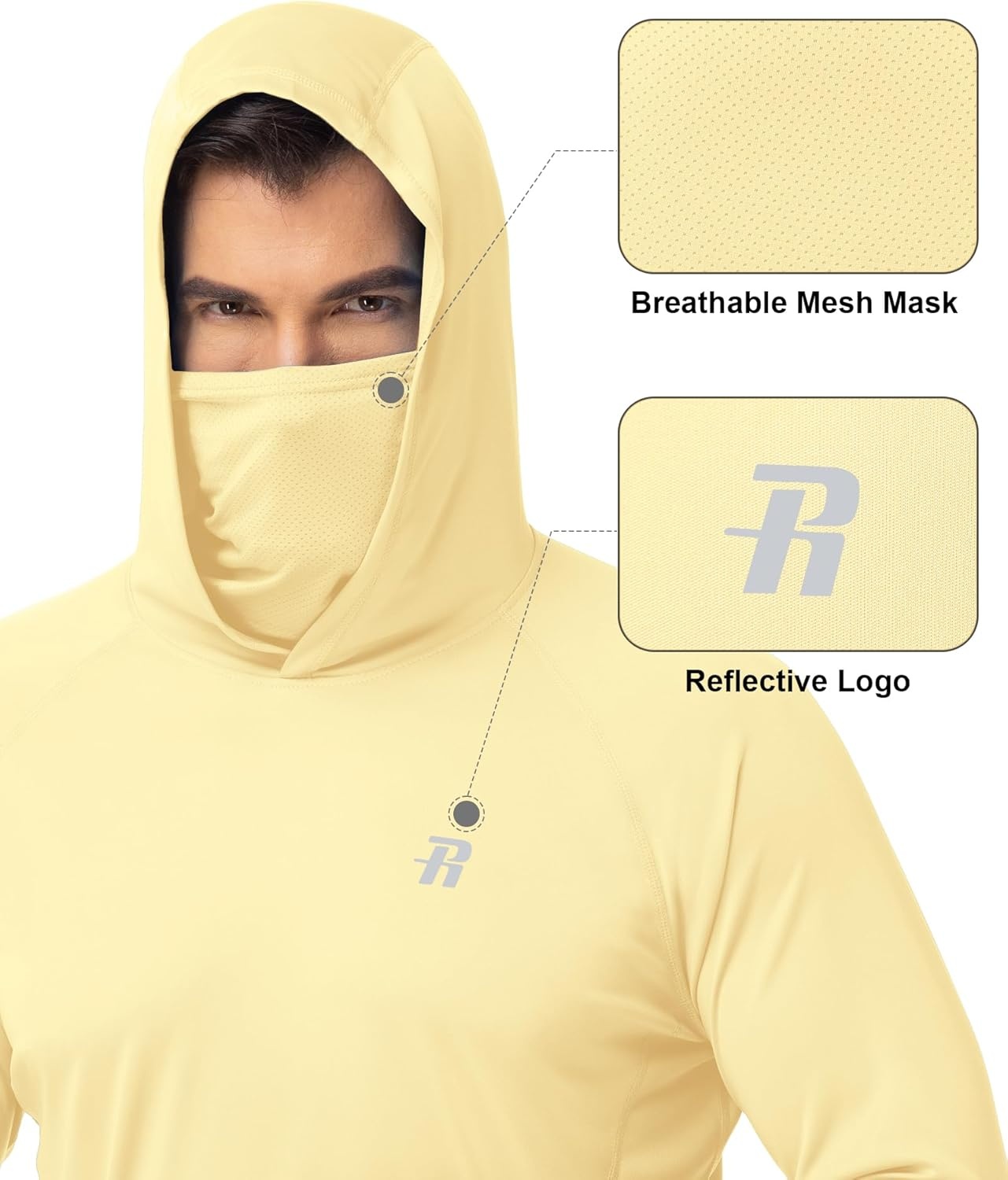 image:imageRunhit Mens UPF 50 Fishing Shirt Hoodie with Mask UV Sun Protection Long Sleeve Shirt Rash Guard Hiking Lightweight CoolingBright Yellow