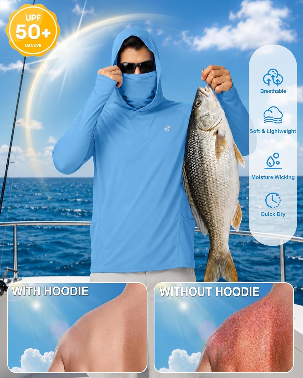 image:imageRunhit Mens UPF 50 Fishing Shirt Hoodie with Mask UV Sun Protection Long Sleeve Shirt Rash Guard Hiking Lightweight CoolingCampanula Blue