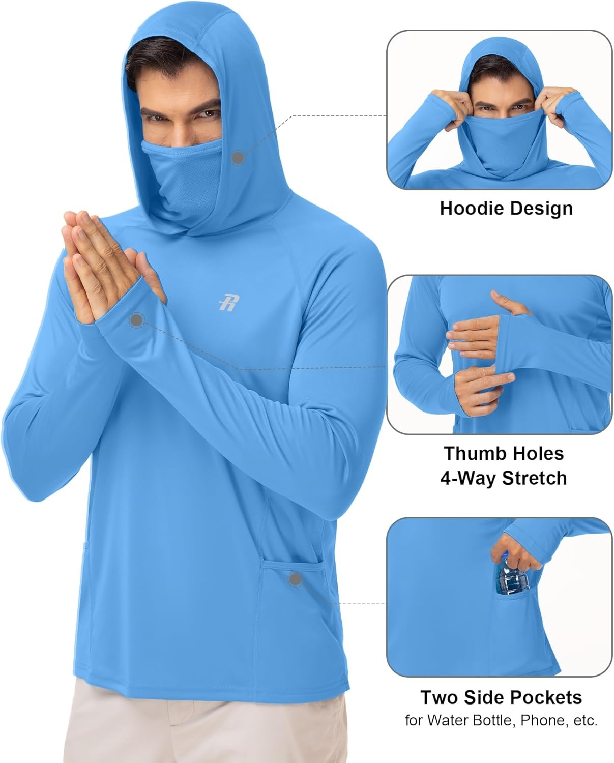 image:imageRunhit Mens UPF 50 Fishing Shirt Hoodie with Mask UV Sun Protection Long Sleeve Shirt Rash Guard Hiking Lightweight CoolingCampanula Blue