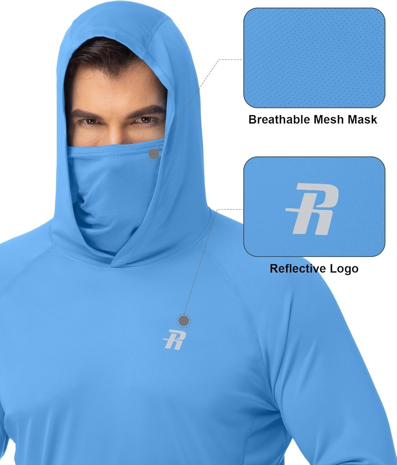 image:imageRunhit Mens UPF 50 Fishing Shirt Hoodie with Mask UV Sun Protection Long Sleeve Shirt Rash Guard Hiking Lightweight CoolingCampanula Blue