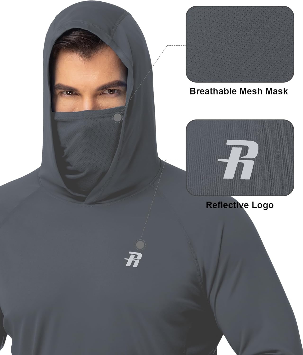 image:imageRunhit Mens UPF 50 Fishing Shirt Hoodie with Mask UV Sun Protection Long Sleeve Shirt Rash Guard Hiking Lightweight CoolingDark Gray