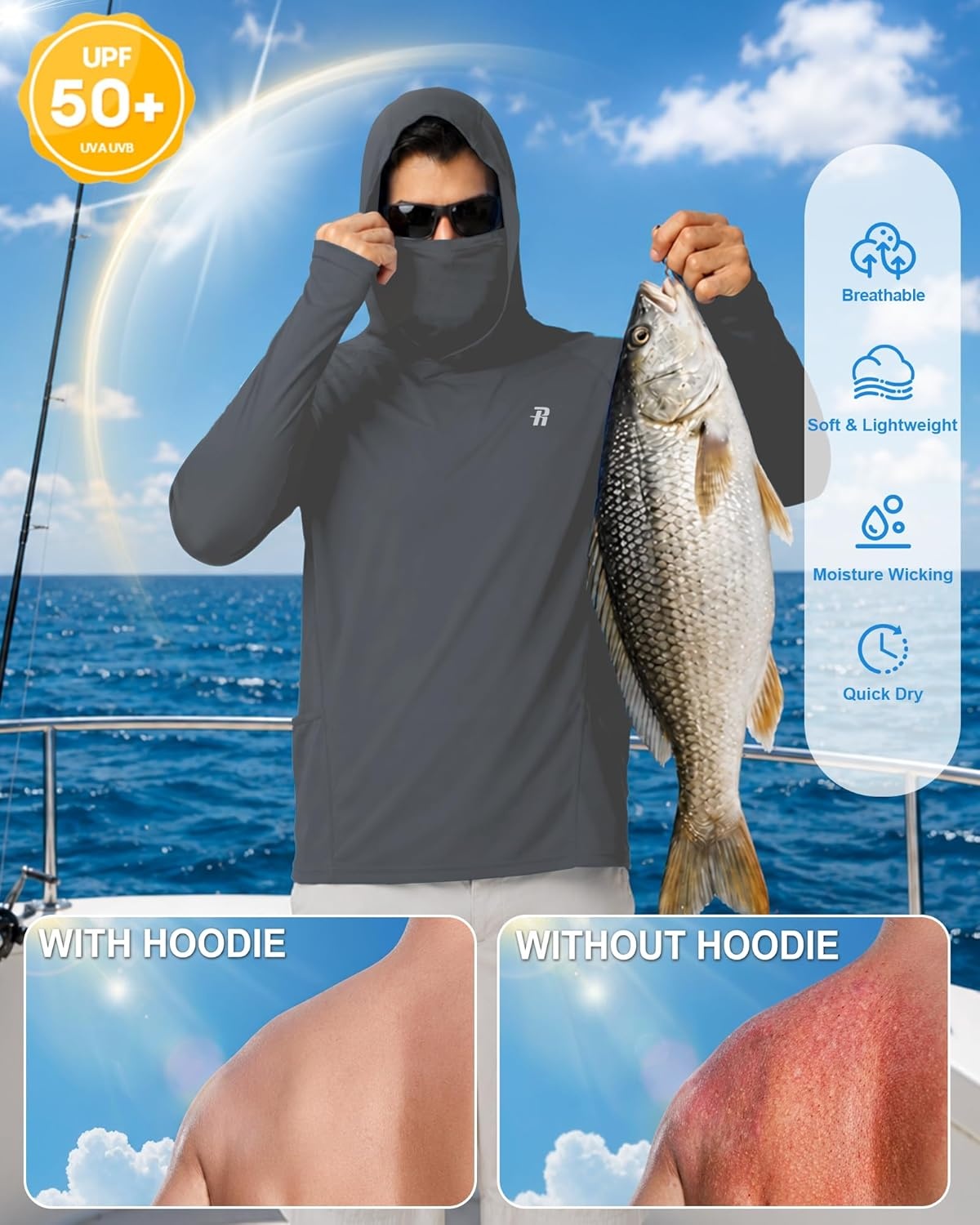 image:imageRunhit Mens UPF 50 Fishing Shirt Hoodie with Mask UV Sun Protection Long Sleeve Shirt Rash Guard Hiking Lightweight CoolingDark Gray