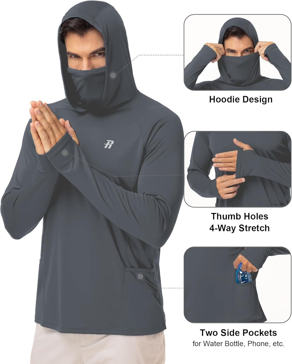image:imageRunhit Mens UPF 50 Fishing Shirt Hoodie with Mask UV Sun Protection Long Sleeve Shirt Rash Guard Hiking Lightweight CoolingDark Gray