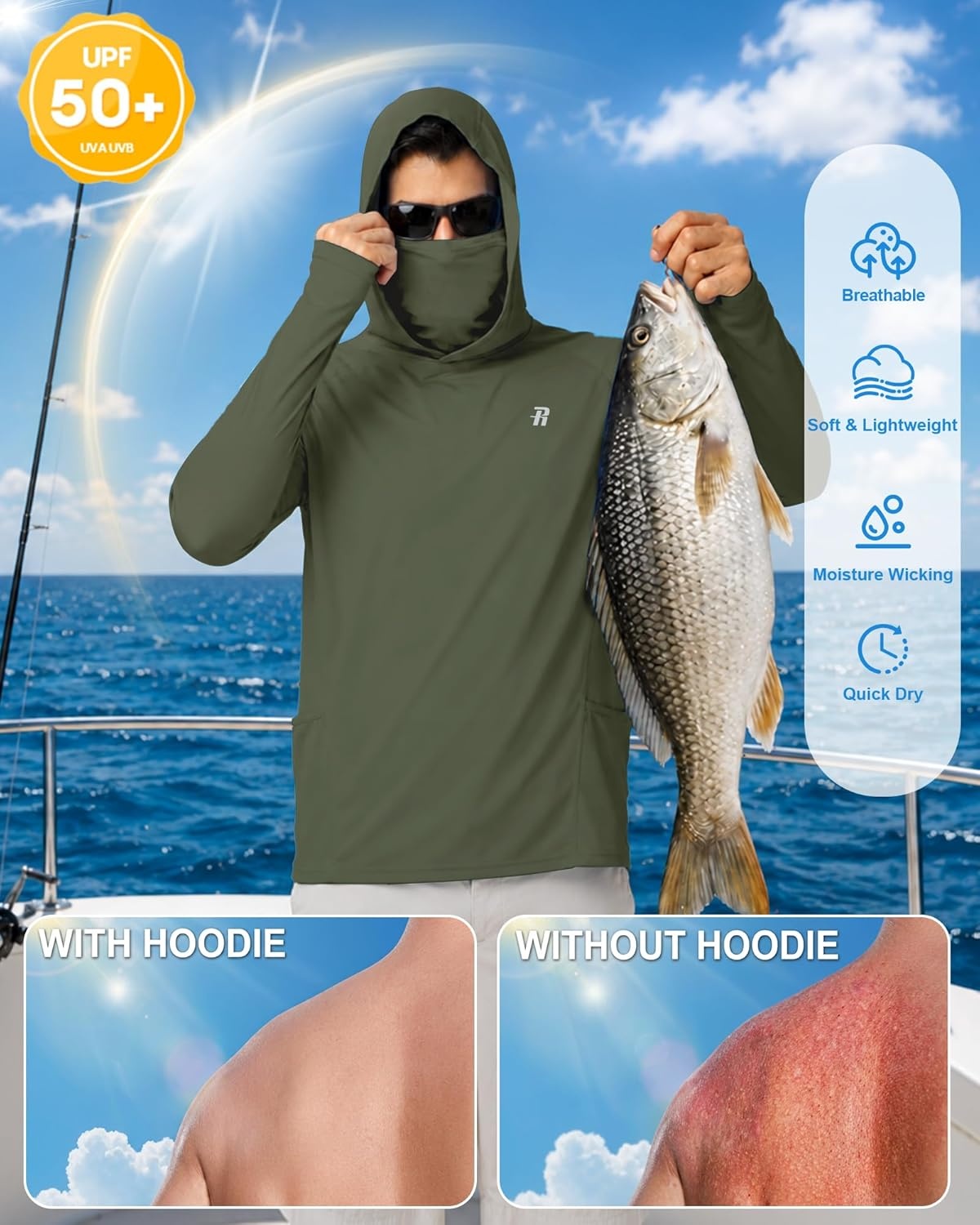 image:imageRunhit Mens UPF 50 Fishing Shirt Hoodie with Mask UV Sun Protection Long Sleeve Shirt Rash Guard Hiking Lightweight CoolingDark Green