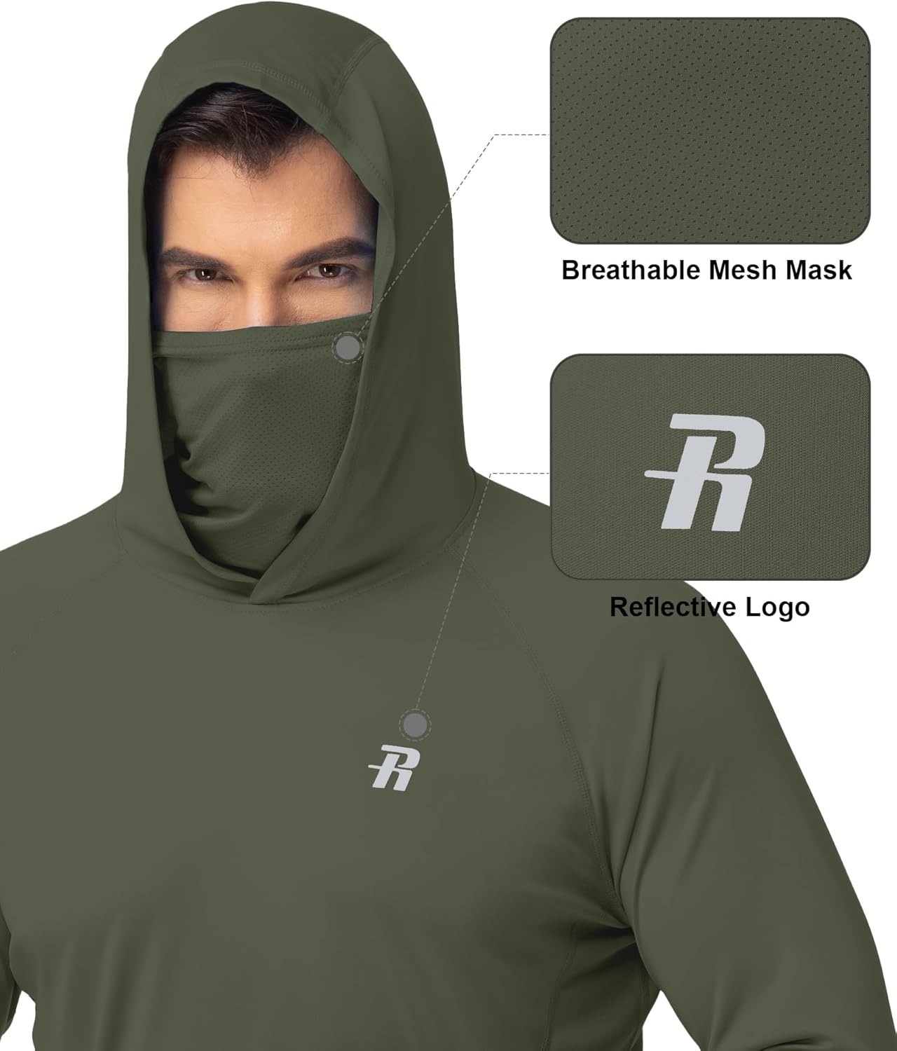 image:imageRunhit Mens UPF 50 Fishing Shirt Hoodie with Mask UV Sun Protection Long Sleeve Shirt Rash Guard Hiking Lightweight CoolingDark Green