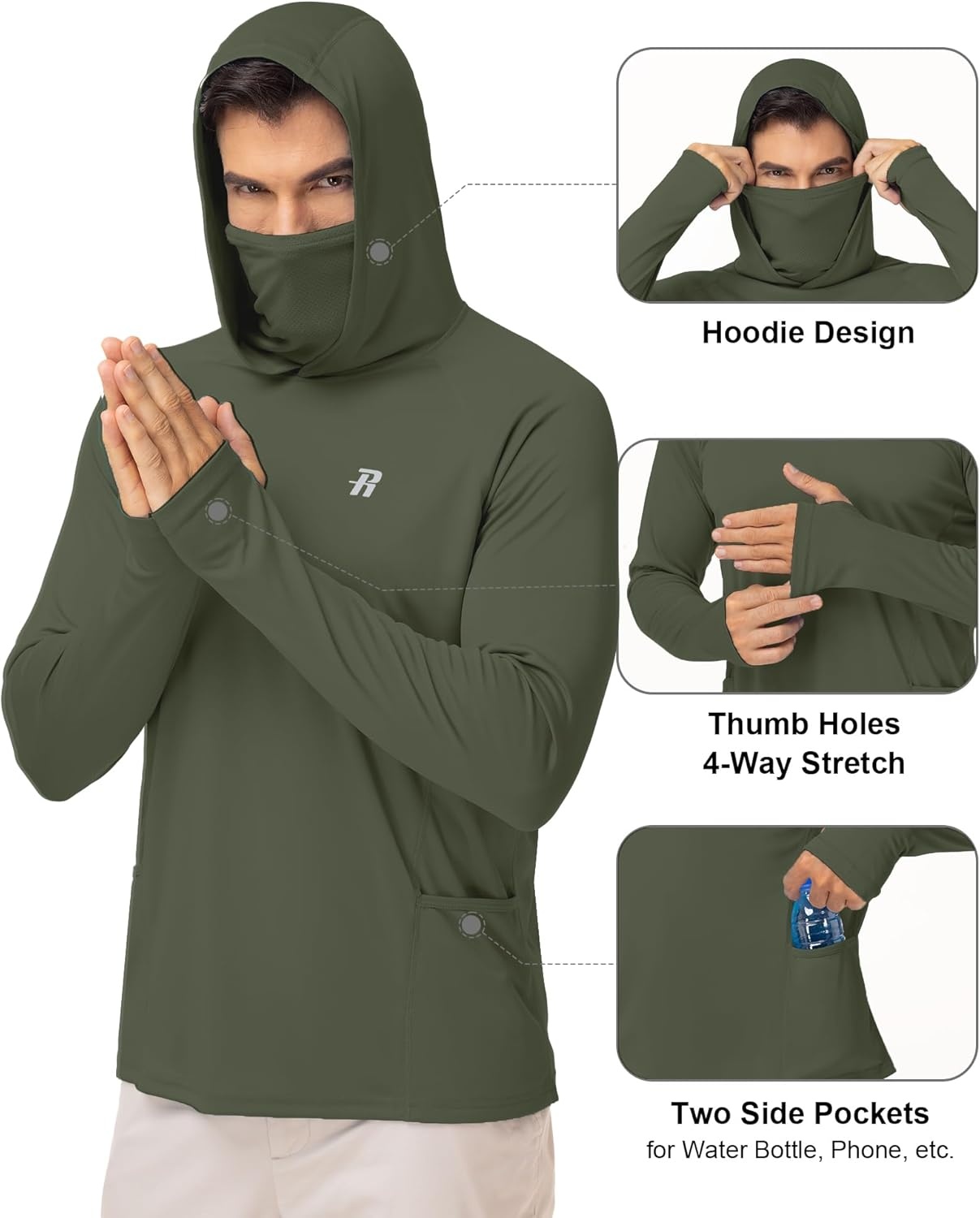 image:imageRunhit Mens UPF 50 Fishing Shirt Hoodie with Mask UV Sun Protection Long Sleeve Shirt Rash Guard Hiking Lightweight CoolingDark Green