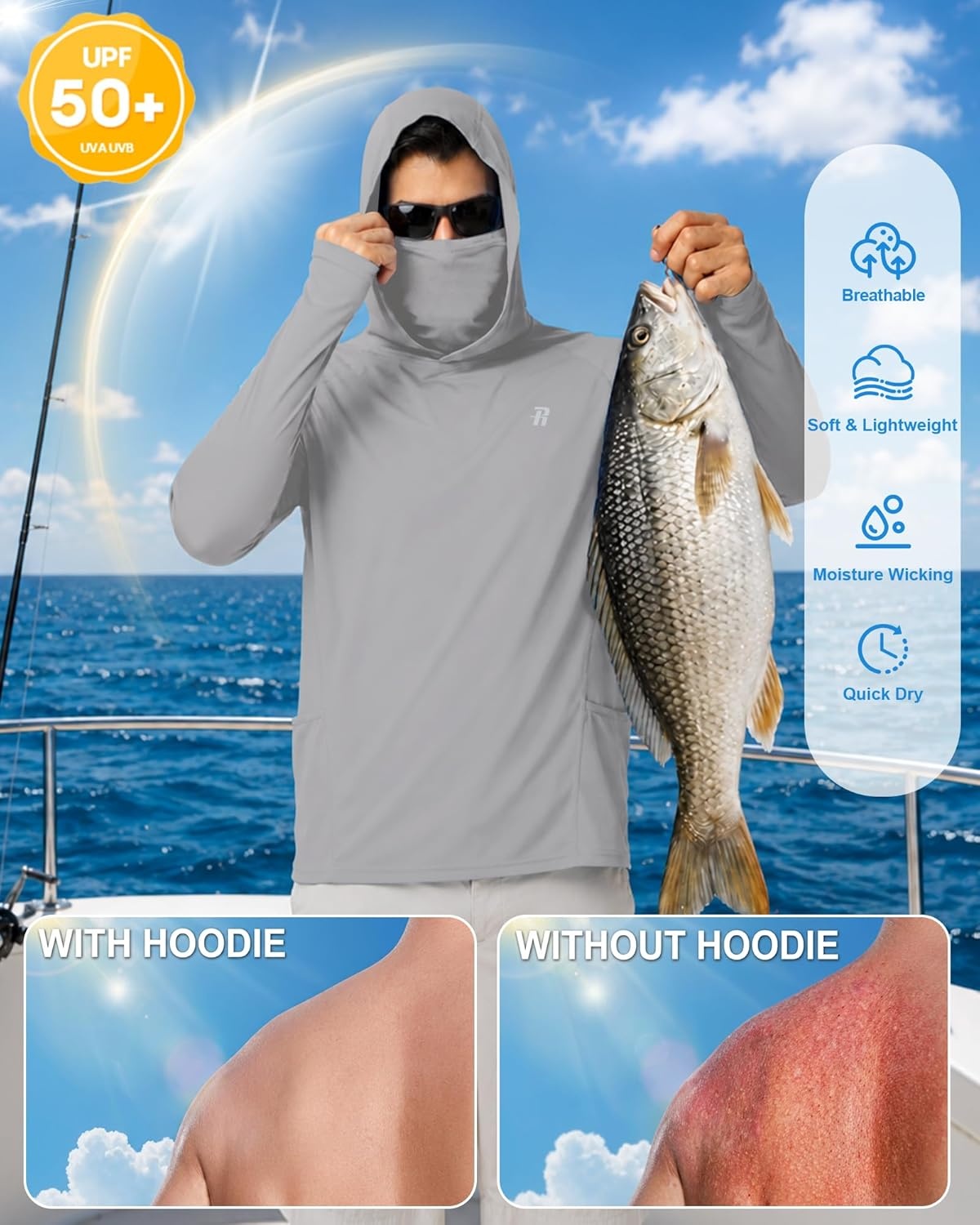 image:imageRunhit Mens UPF 50 Fishing Shirt Hoodie with Mask UV Sun Protection Long Sleeve Shirt Rash Guard Hiking Lightweight CoolingGray