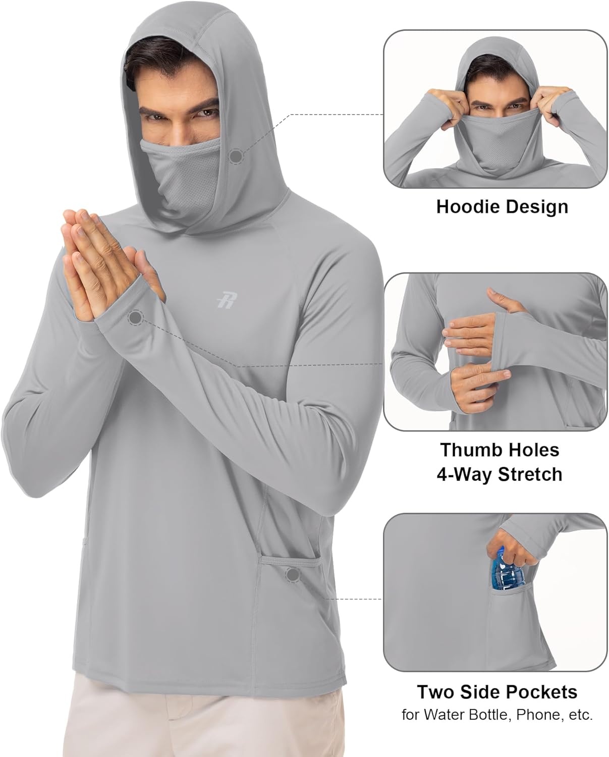 image:imageRunhit Mens UPF 50 Fishing Shirt Hoodie with Mask UV Sun Protection Long Sleeve Shirt Rash Guard Hiking Lightweight CoolingGray