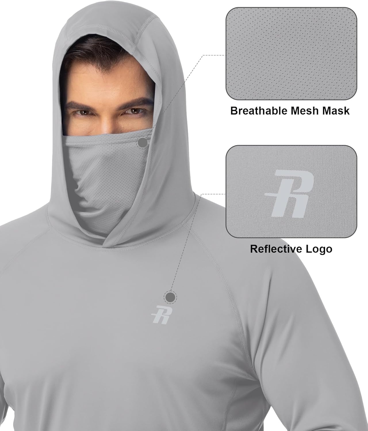 image:imageRunhit Mens UPF 50 Fishing Shirt Hoodie with Mask UV Sun Protection Long Sleeve Shirt Rash Guard Hiking Lightweight CoolingGray