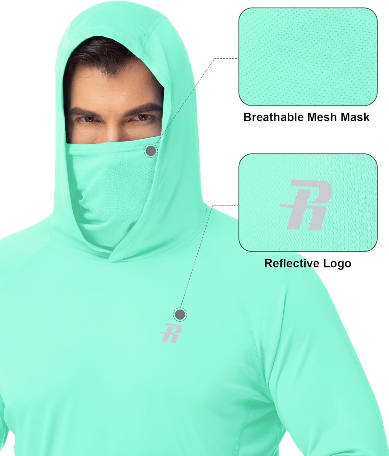image:imageRunhit Mens UPF 50 Fishing Shirt Hoodie with Mask UV Sun Protection Long Sleeve Shirt Rash Guard Hiking Lightweight CoolingGreen