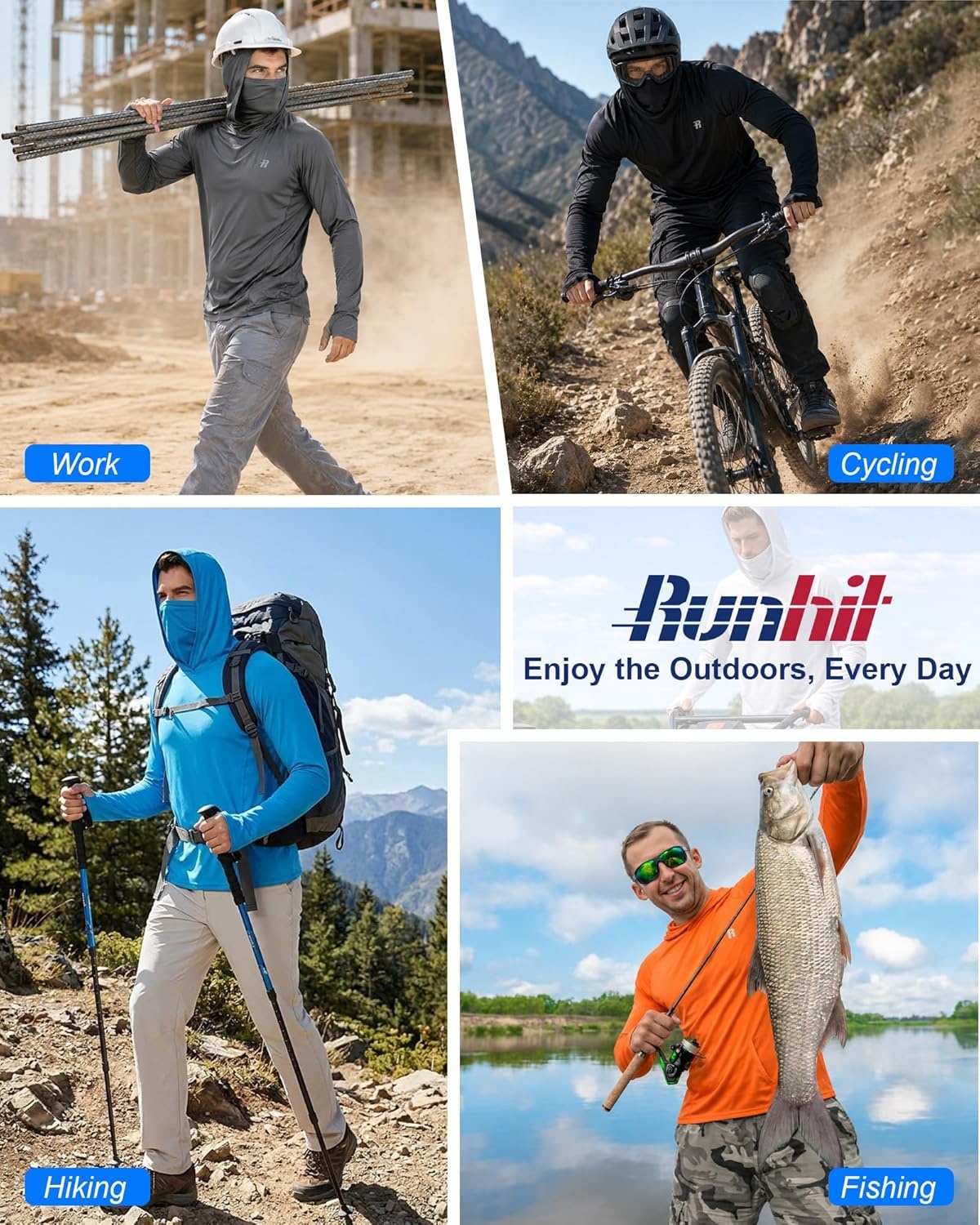image:imageRunhit Mens UPF 50 Fishing Shirt Hoodie with Mask UV Sun Protection Long Sleeve Shirt Rash Guard Hiking Lightweight CoolingGreen