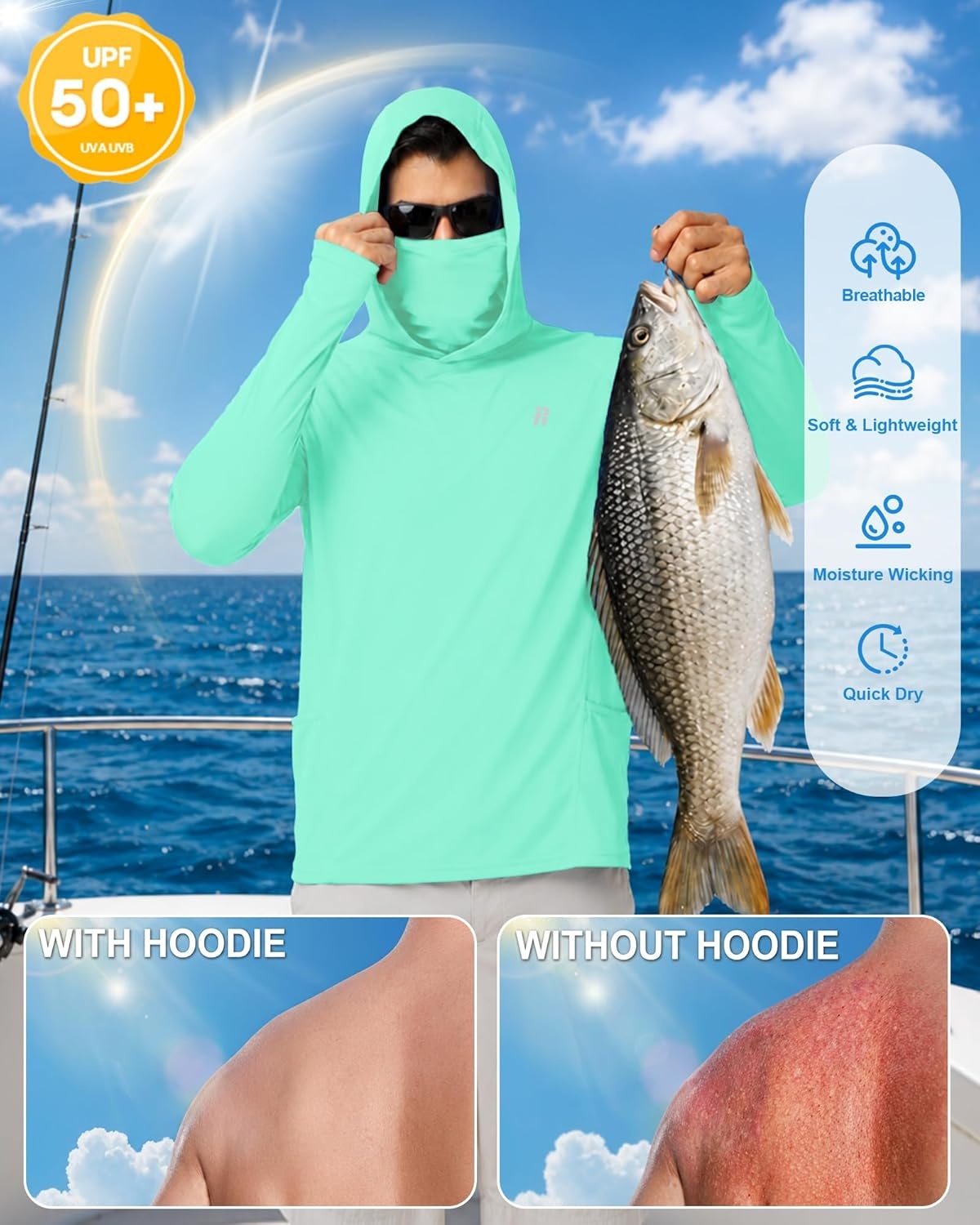 image:imageRunhit Mens UPF 50 Fishing Shirt Hoodie with Mask UV Sun Protection Long Sleeve Shirt Rash Guard Hiking Lightweight CoolingGreen