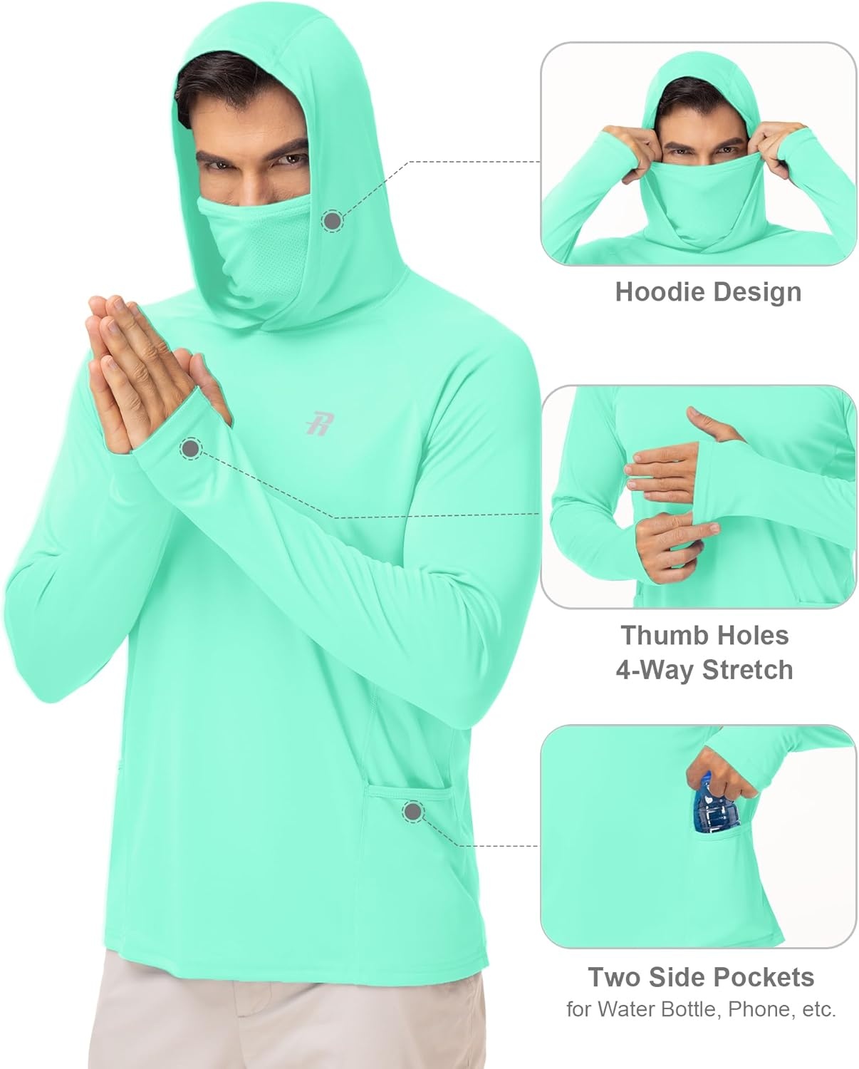 image:imageRunhit Mens UPF 50 Fishing Shirt Hoodie with Mask UV Sun Protection Long Sleeve Shirt Rash Guard Hiking Lightweight CoolingGreen