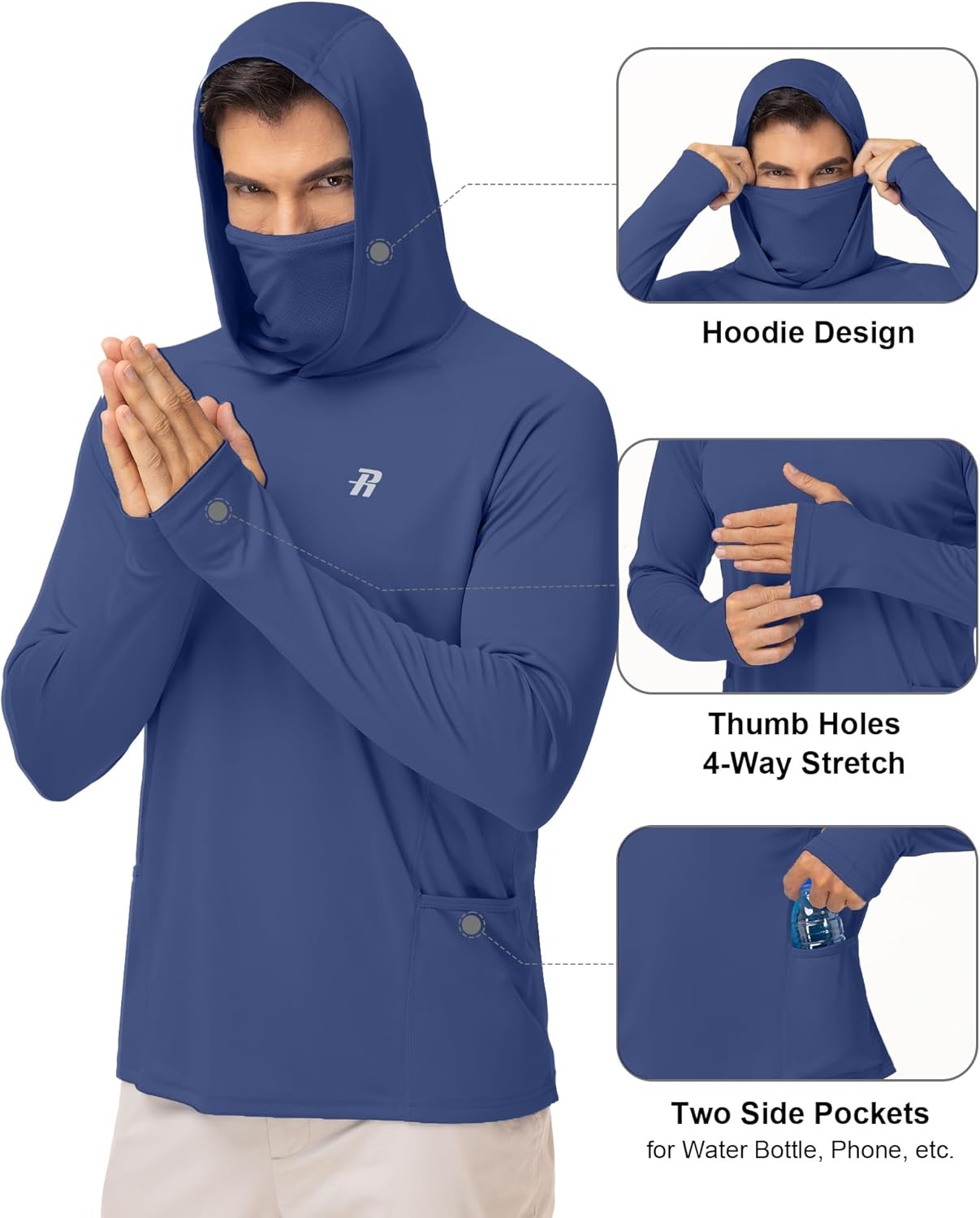 image:imageRunhit Mens UPF 50 Fishing Shirt Hoodie with Mask UV Sun Protection Long Sleeve Shirt Rash Guard Hiking Lightweight CoolingNavy Ocean Blue