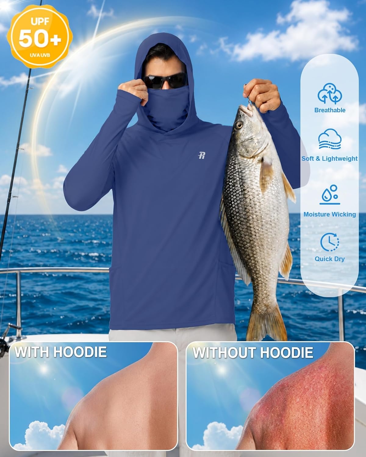 image:imageRunhit Mens UPF 50 Fishing Shirt Hoodie with Mask UV Sun Protection Long Sleeve Shirt Rash Guard Hiking Lightweight CoolingNavy Ocean Blue