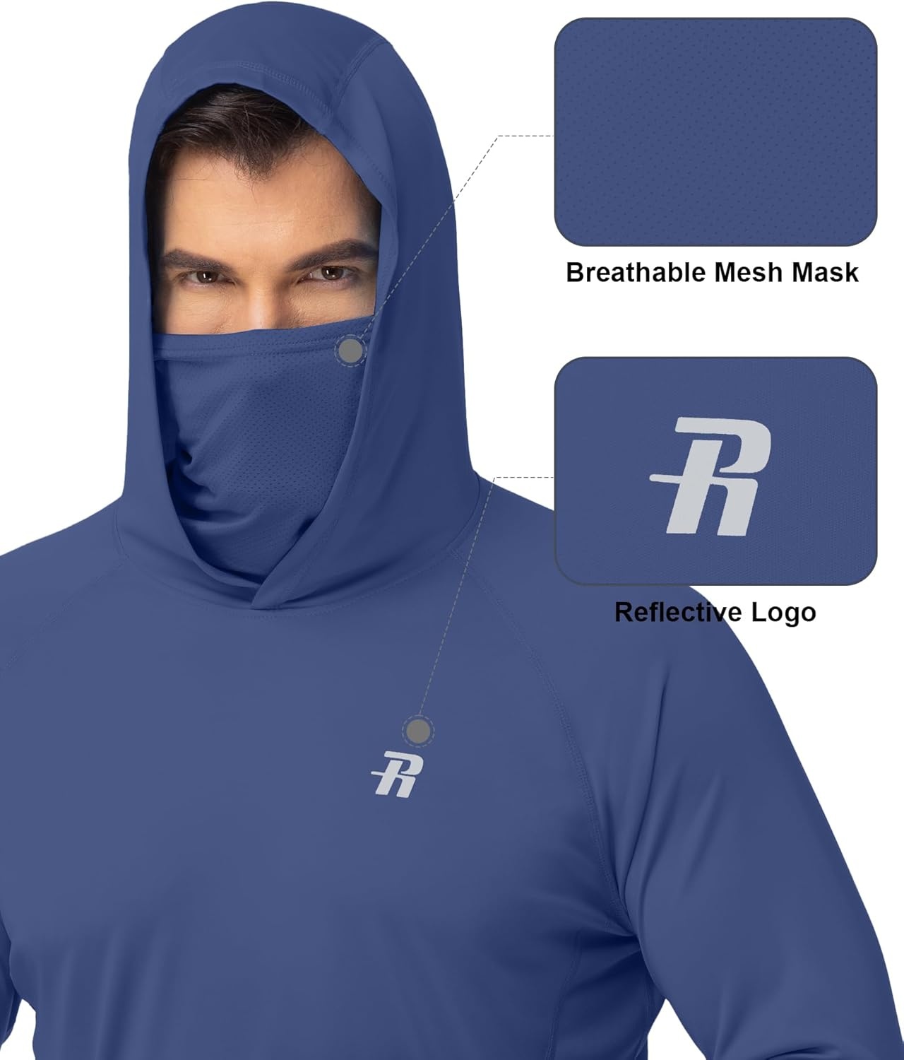 image:imageRunhit Mens UPF 50 Fishing Shirt Hoodie with Mask UV Sun Protection Long Sleeve Shirt Rash Guard Hiking Lightweight CoolingNavy Ocean Blue