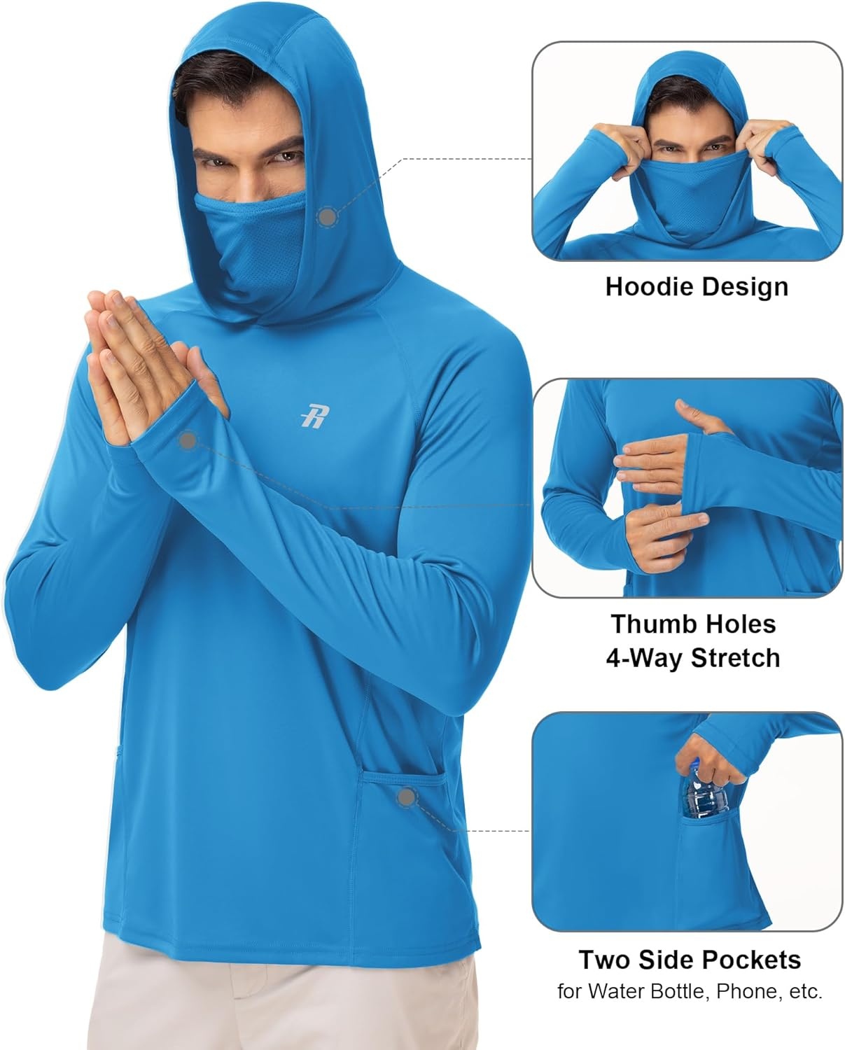 image:imageRunhit Mens UPF 50 Fishing Shirt Hoodie with Mask UV Sun Protection Long Sleeve Shirt Rash Guard Hiking Lightweight CoolingVivid Blue