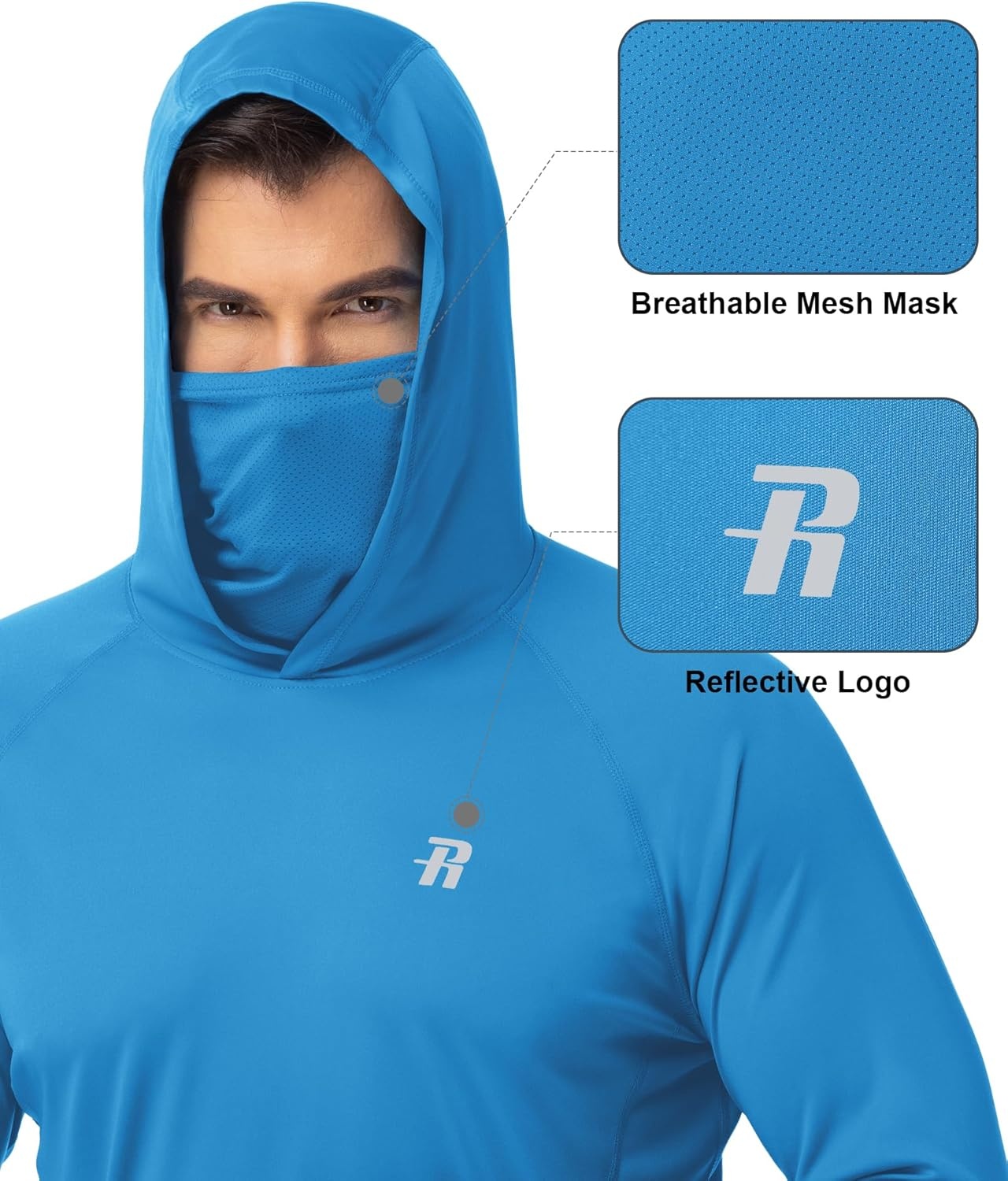 image:imageRunhit Mens UPF 50 Fishing Shirt Hoodie with Mask UV Sun Protection Long Sleeve Shirt Rash Guard Hiking Lightweight CoolingVivid Blue
