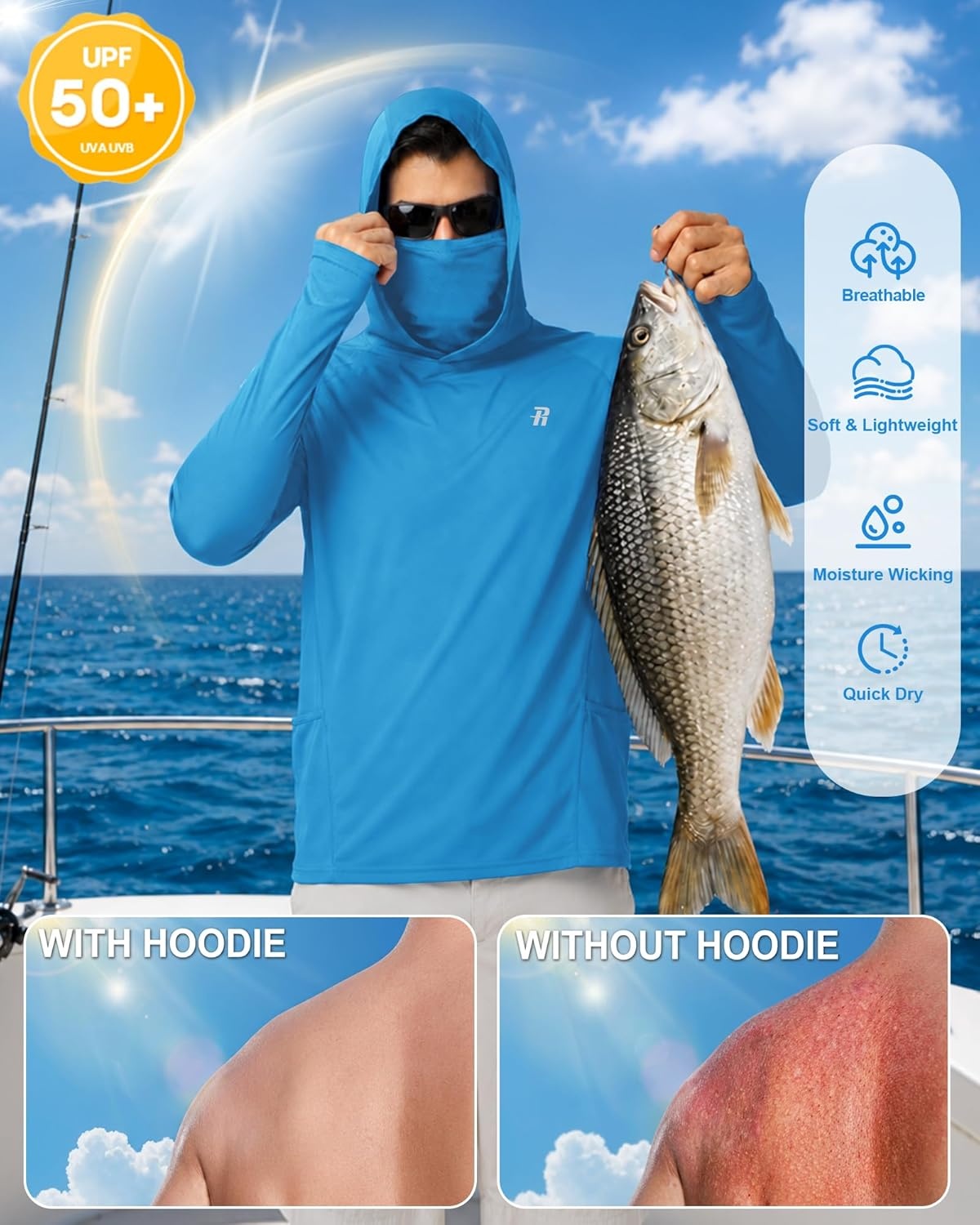 image:imageRunhit Mens UPF 50 Fishing Shirt Hoodie with Mask UV Sun Protection Long Sleeve Shirt Rash Guard Hiking Lightweight CoolingVivid Blue