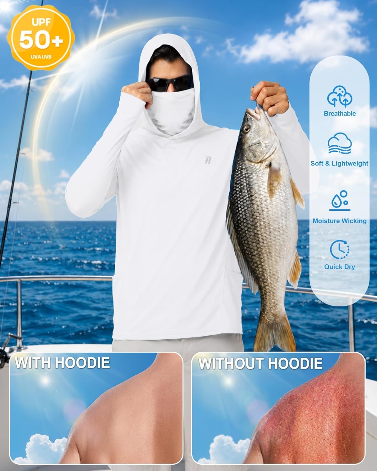image:imageRunhit Mens UPF 50 Fishing Shirt Hoodie with Mask UV Sun Protection Long Sleeve Shirt Rash Guard Hiking Lightweight CoolingWhite