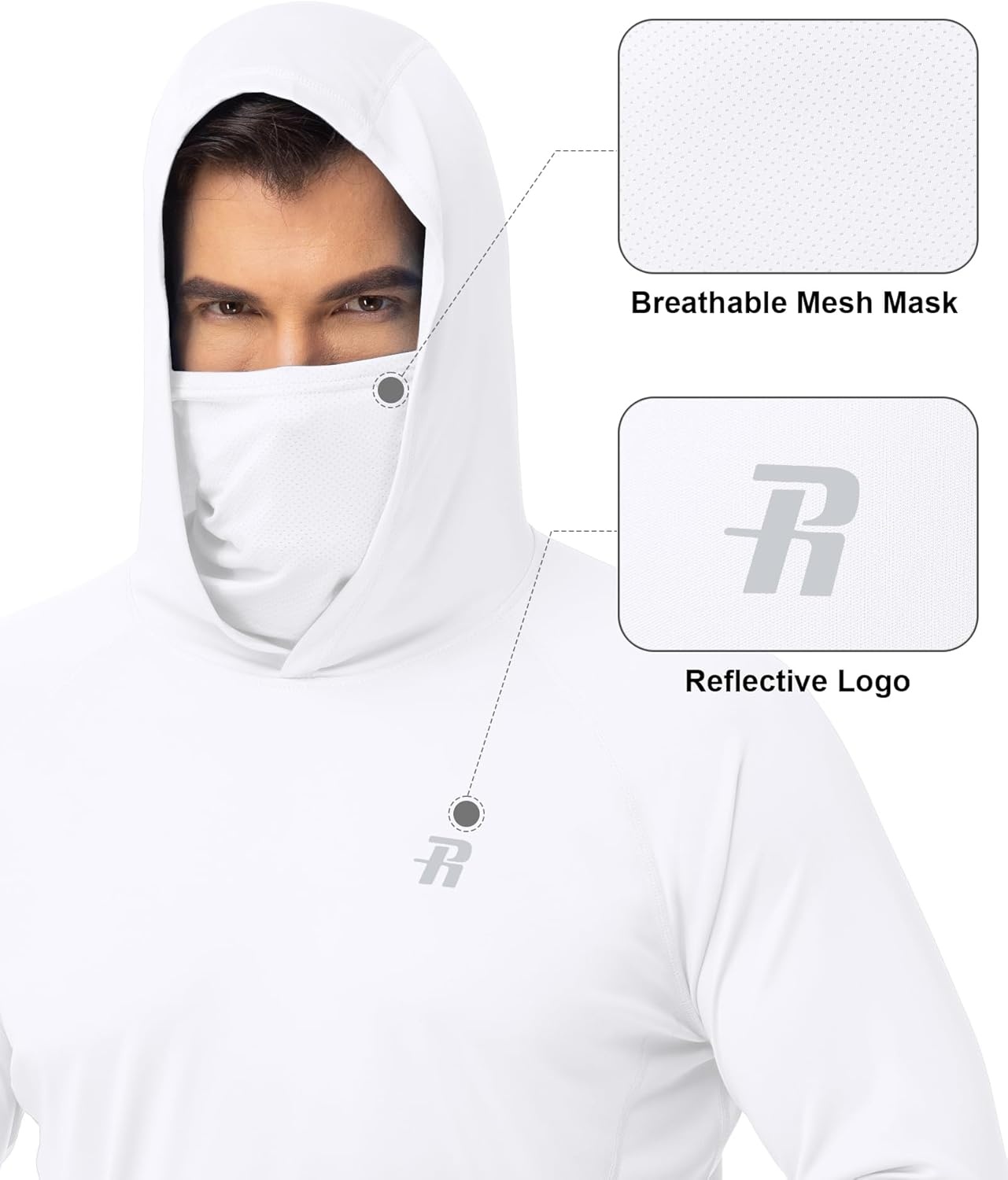 image:imageRunhit Mens UPF 50 Fishing Shirt Hoodie with Mask UV Sun Protection Long Sleeve Shirt Rash Guard Hiking Lightweight CoolingWhite