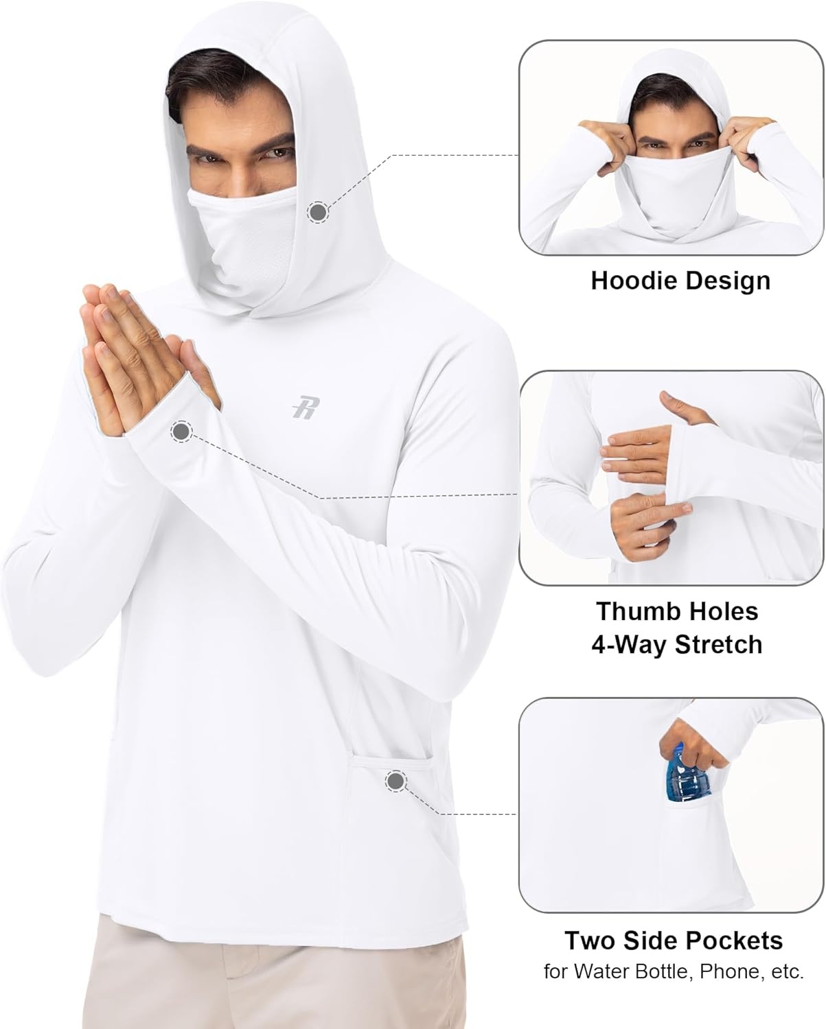 image:imageRunhit Mens UPF 50 Fishing Shirt Hoodie with Mask UV Sun Protection Long Sleeve Shirt Rash Guard Hiking Lightweight CoolingWhite