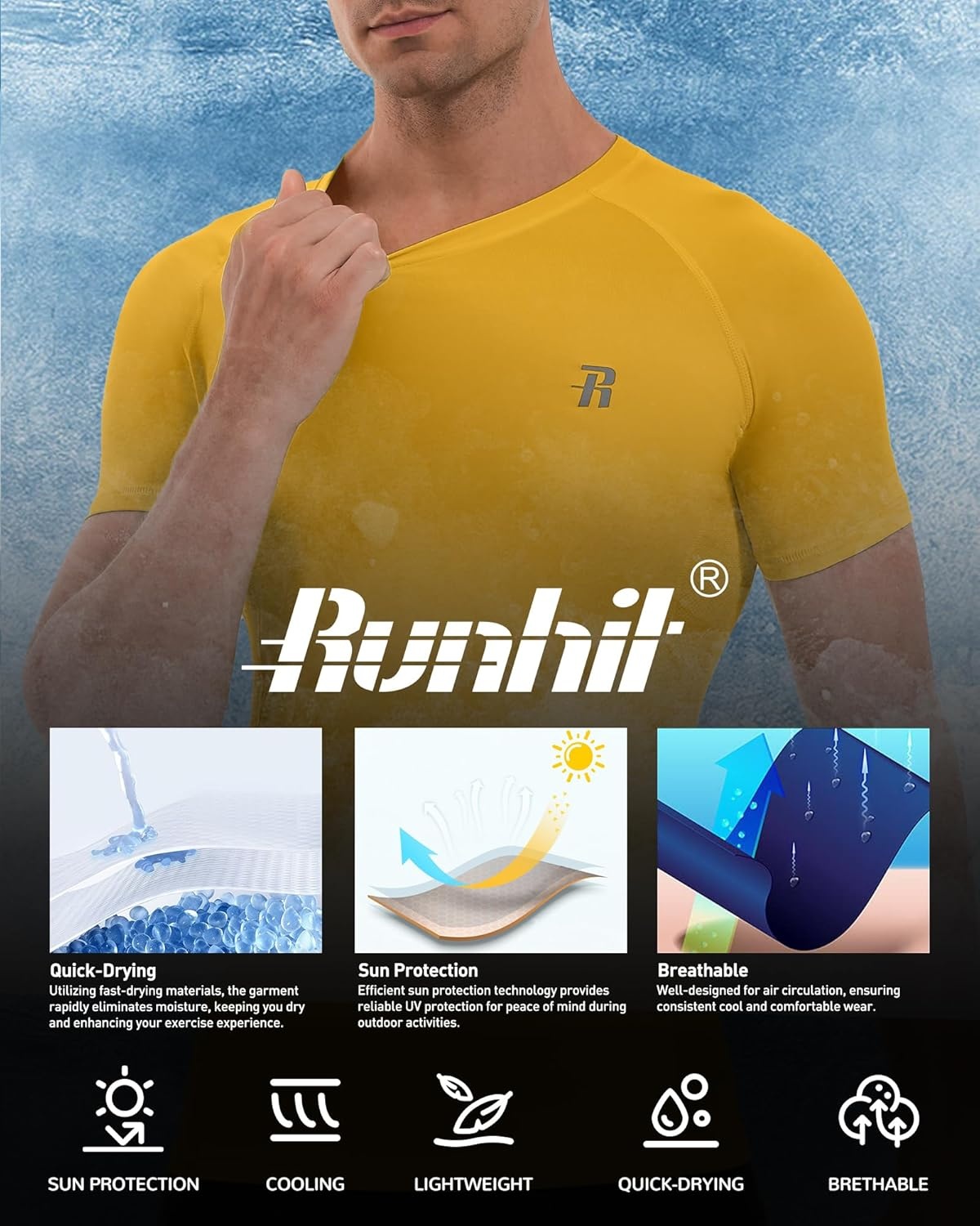 image:imageRunhit Short Sleeve Compression Shirts for Men Quick Dry Cool Mens Compression TShirt Athletic Workout Base LayerGold