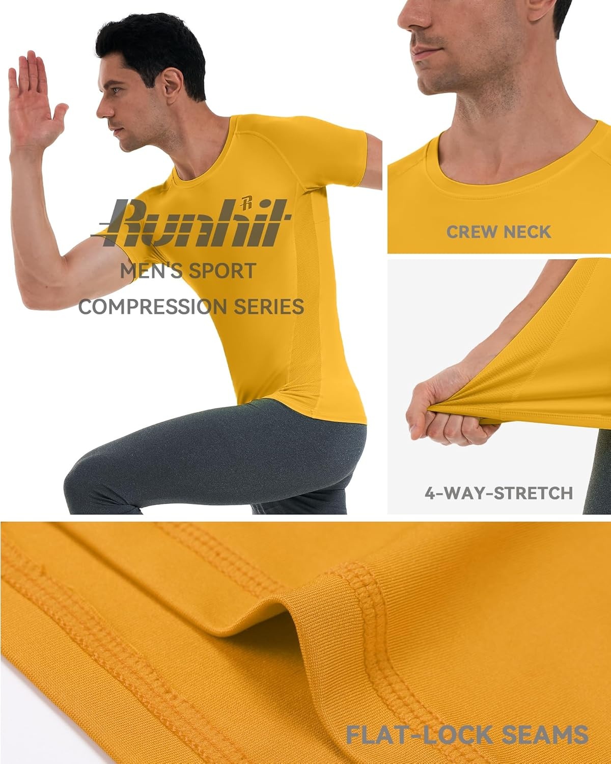 image:imageRunhit Short Sleeve Compression Shirts for Men Quick Dry Cool Mens Compression TShirt Athletic Workout Base LayerGold