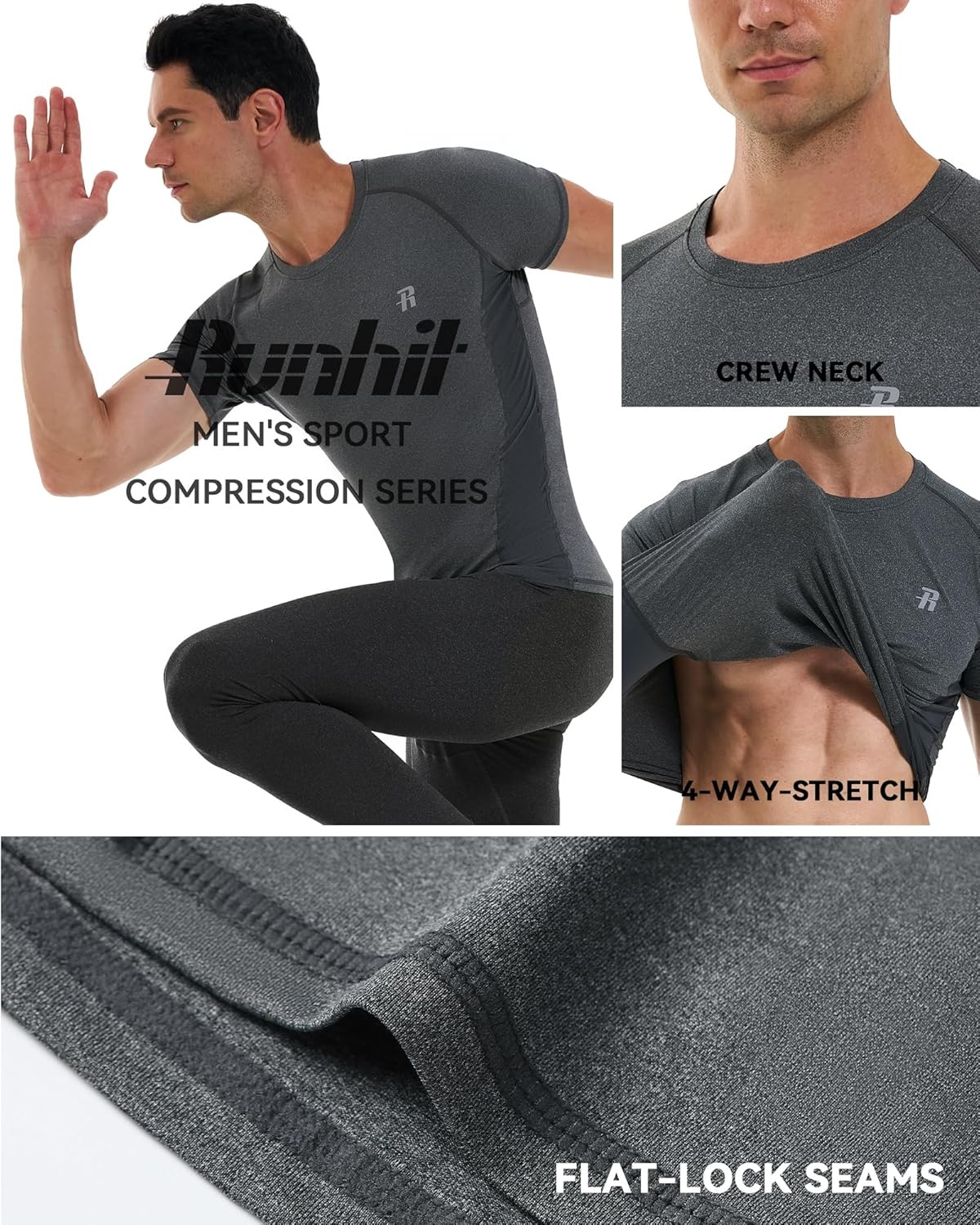 image:imageRunhit Short Sleeve Compression Shirts for Men Quick Dry Cool Mens Compression TShirt Athletic Workout Base LayerGrey