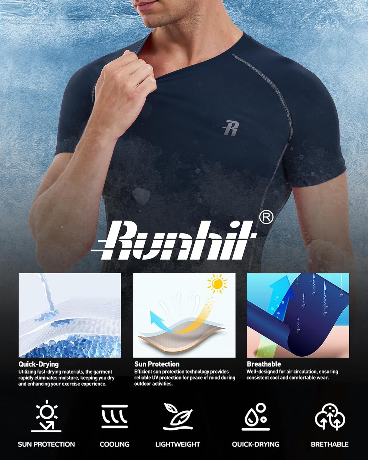 image:imageRunhit Short Sleeve Compression Shirts for Men Quick Dry Cool Mens Compression TShirt Athletic Workout Base LayerNavy