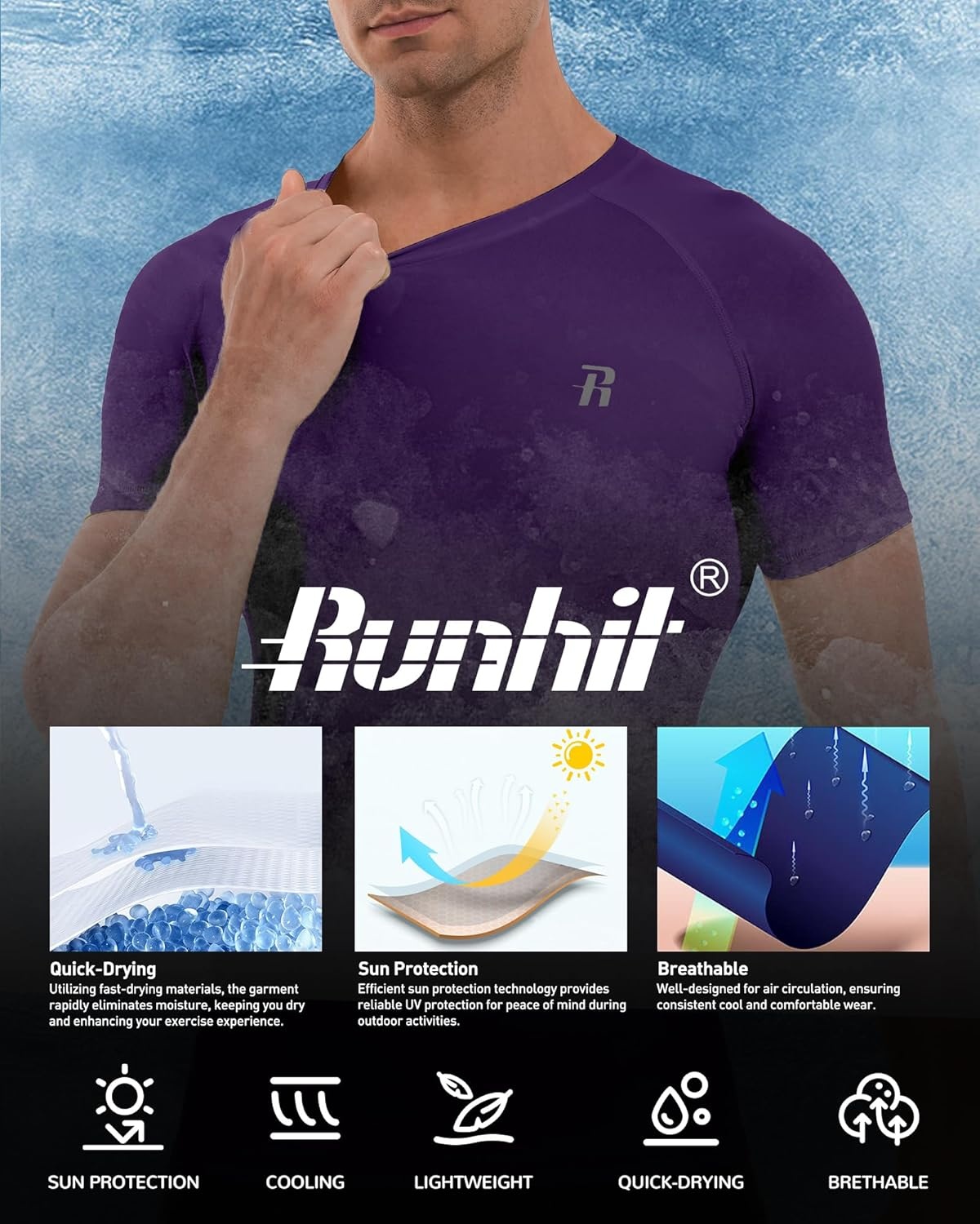 image:imageRunhit Short Sleeve Compression Shirts for Men Quick Dry Cool Mens Compression TShirt Athletic Workout Base LayerPurple