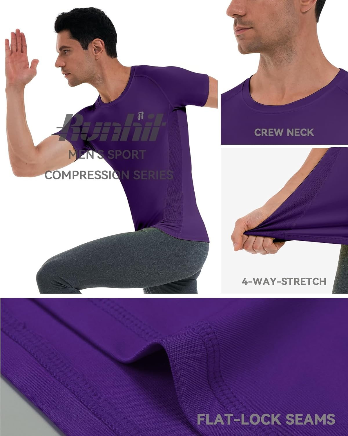 image:imageRunhit Short Sleeve Compression Shirts for Men Quick Dry Cool Mens Compression TShirt Athletic Workout Base LayerPurple