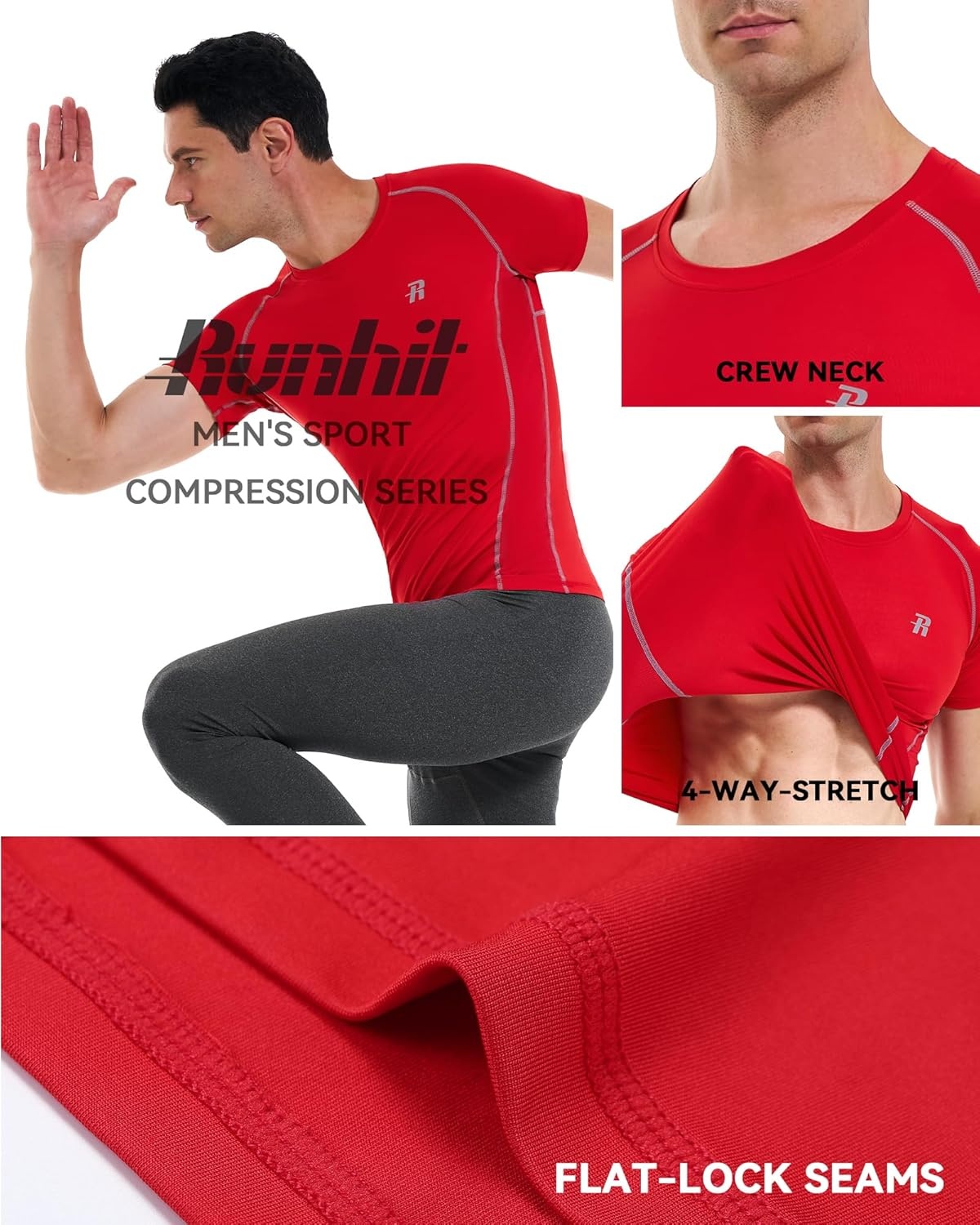 image:imageRunhit Short Sleeve Compression Shirts for Men Quick Dry Cool Mens Compression TShirt Athletic Workout Base LayerRed
