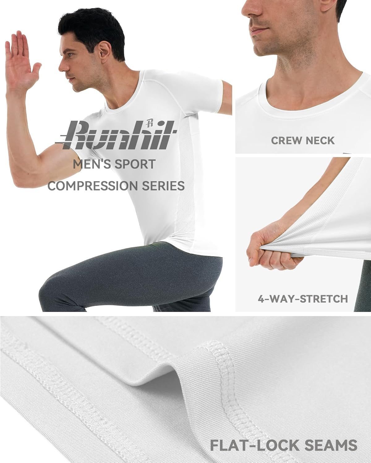 image:imageRunhit Short Sleeve Compression Shirts for Men Quick Dry Cool Mens Compression TShirt Athletic Workout Base LayerWhite