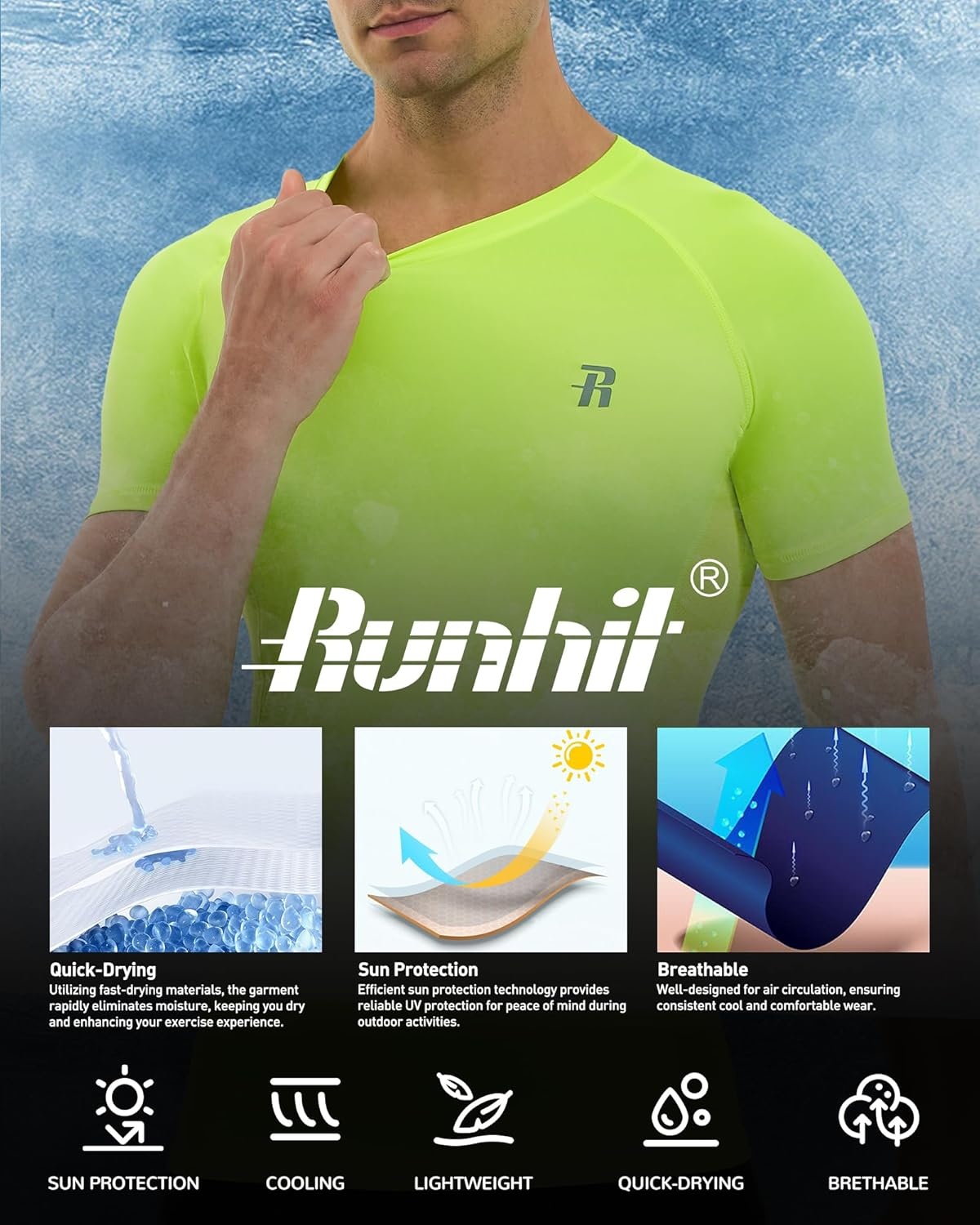 image:imageRunhit Short Sleeve Compression Shirts for Men Quick Dry Cool Mens Compression TShirt Athletic Workout Base LayerYellow