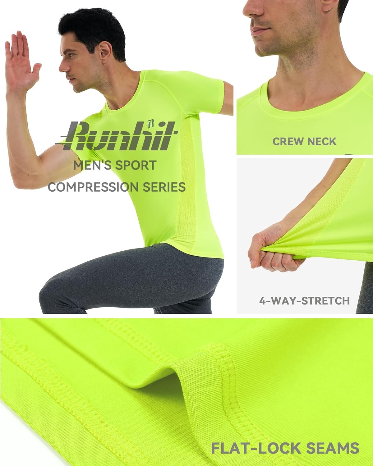 image:imageRunhit Short Sleeve Compression Shirts for Men Quick Dry Cool Mens Compression TShirt Athletic Workout Base LayerYellow