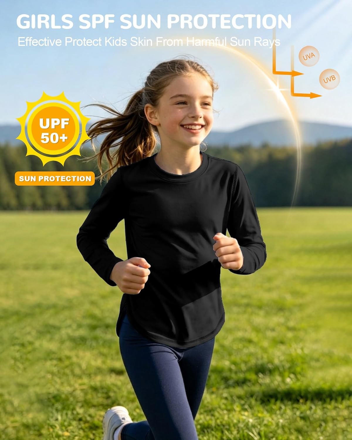 image:imageRunhit UPF 50 Rash Guard for Girls Quick Dry Athletic Tops Kids UV Sun Protection Shirt Workout Long Sleeve ShirtsBlack
