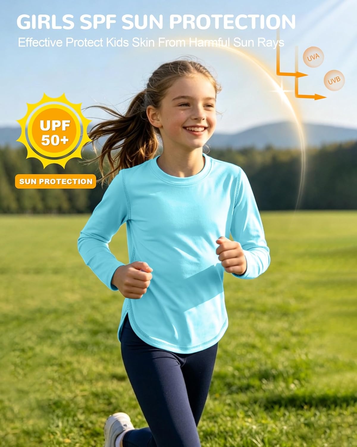 image:imageRunhit UPF 50 Rash Guard for Girls Quick Dry Athletic Tops Kids UV Sun Protection Shirt Workout Long Sleeve ShirtsIce Blue