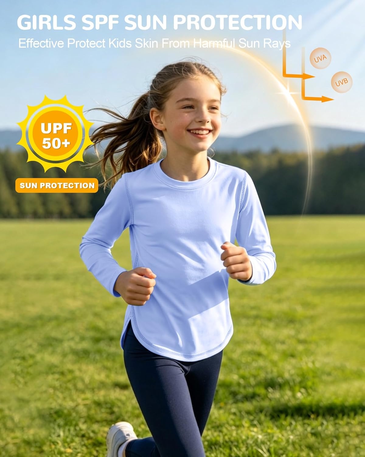 image:imageRunhit UPF 50 Rash Guard for Girls Quick Dry Athletic Tops Kids UV Sun Protection Shirt Workout Long Sleeve ShirtsLight Blue