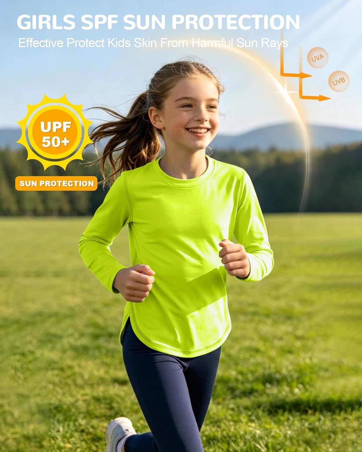 image:imageRunhit UPF 50 Rash Guard for Girls Quick Dry Athletic Tops Kids UV Sun Protection Shirt Workout Long Sleeve ShirtsLime Green