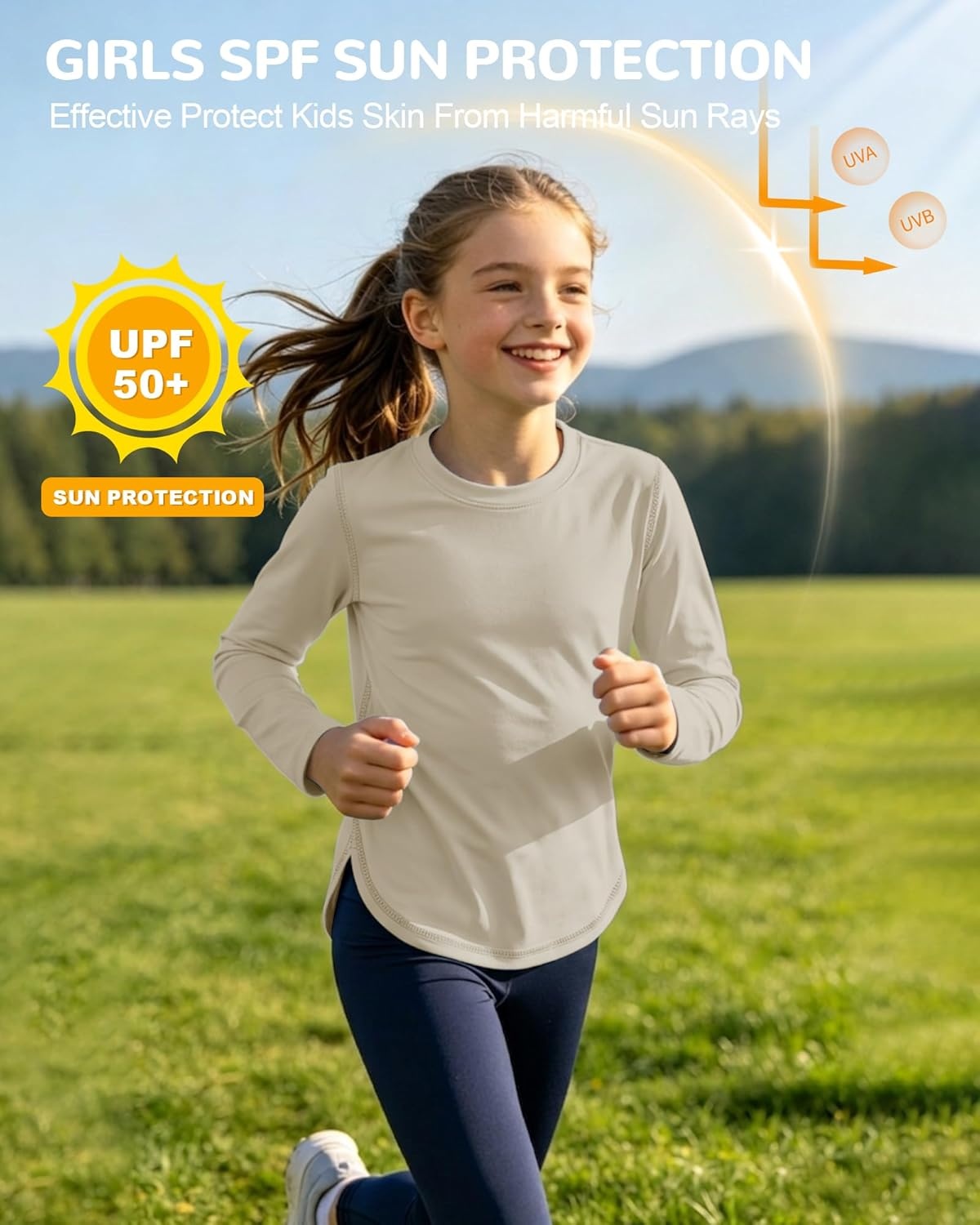 image:imageRunhit UPF 50 Rash Guard for Girls Quick Dry Athletic Tops Kids UV Sun Protection Shirt Workout Long Sleeve ShirtsOatmeal