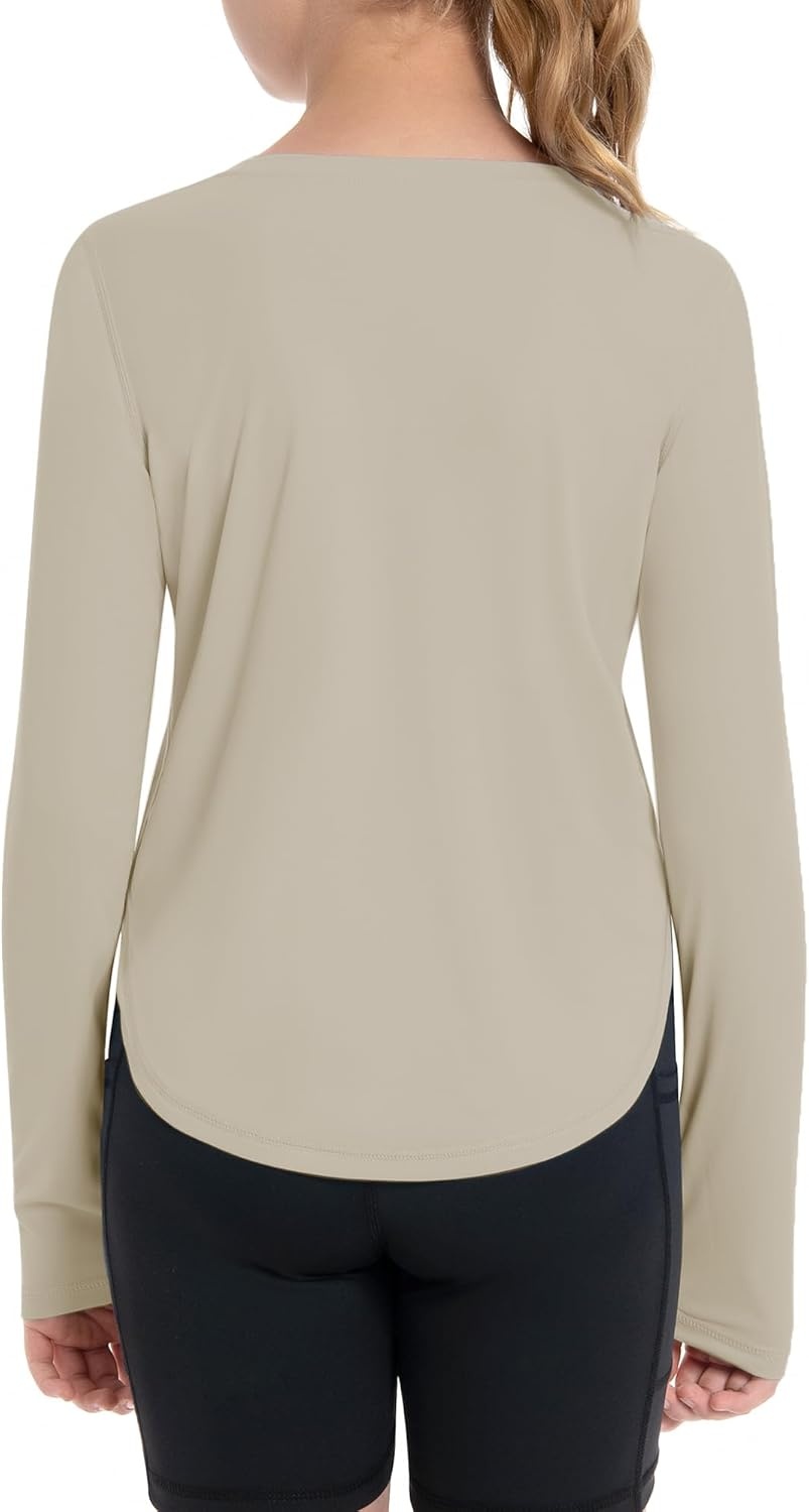 image:imageRunhit UPF 50 Rash Guard for Girls Quick Dry Athletic Tops Kids UV Sun Protection Shirt Workout Long Sleeve ShirtsOatmeal