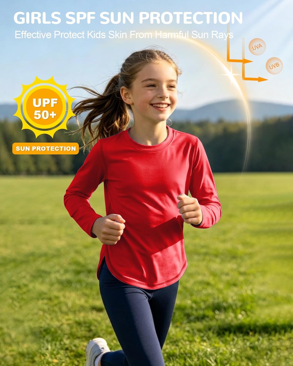 image:imageRunhit UPF 50 Rash Guard for Girls Quick Dry Athletic Tops Kids UV Sun Protection Shirt Workout Long Sleeve ShirtsRed