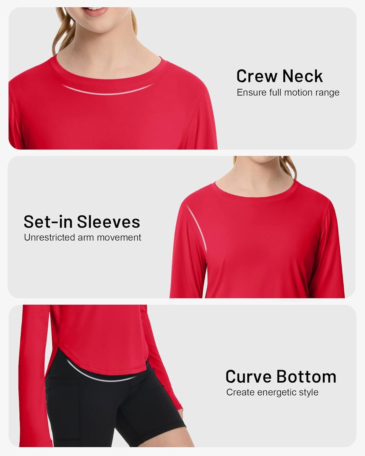 image:imageRunhit UPF 50 Rash Guard for Girls Quick Dry Athletic Tops Kids UV Sun Protection Shirt Workout Long Sleeve ShirtsRed