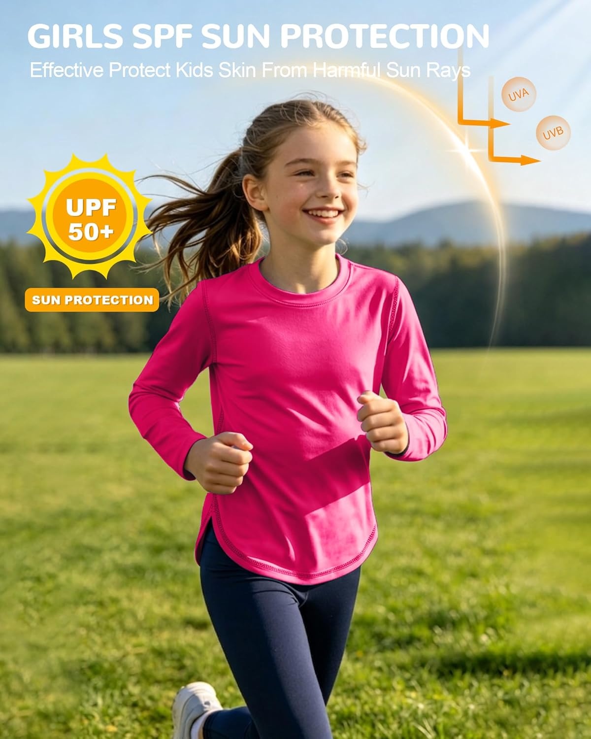 image:imageRunhit UPF 50 Rash Guard for Girls Quick Dry Athletic Tops Kids UV Sun Protection Shirt Workout Long Sleeve ShirtsRose Red
