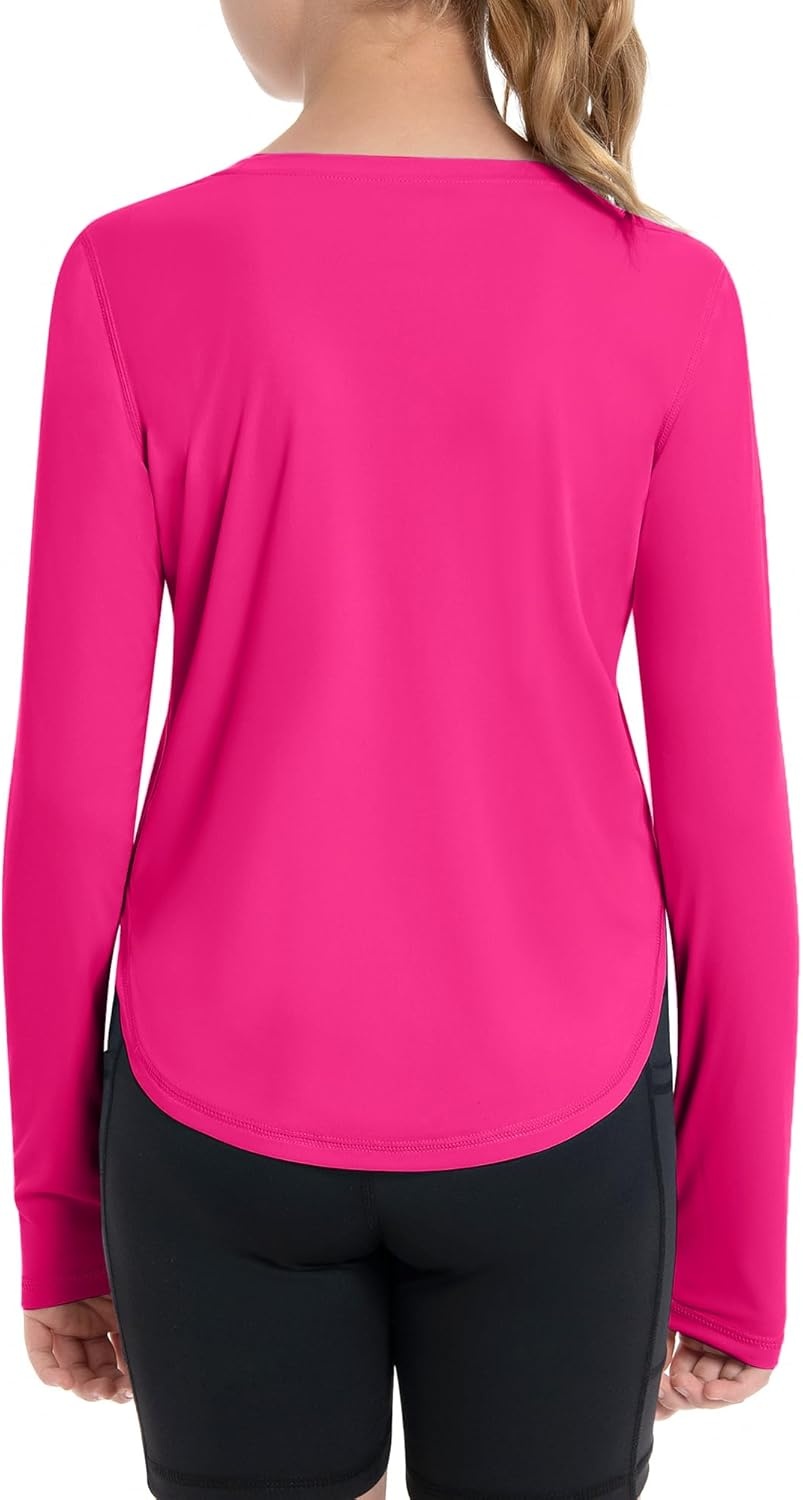 image:imageRunhit UPF 50 Rash Guard for Girls Quick Dry Athletic Tops Kids UV Sun Protection Shirt Workout Long Sleeve ShirtsRose Red