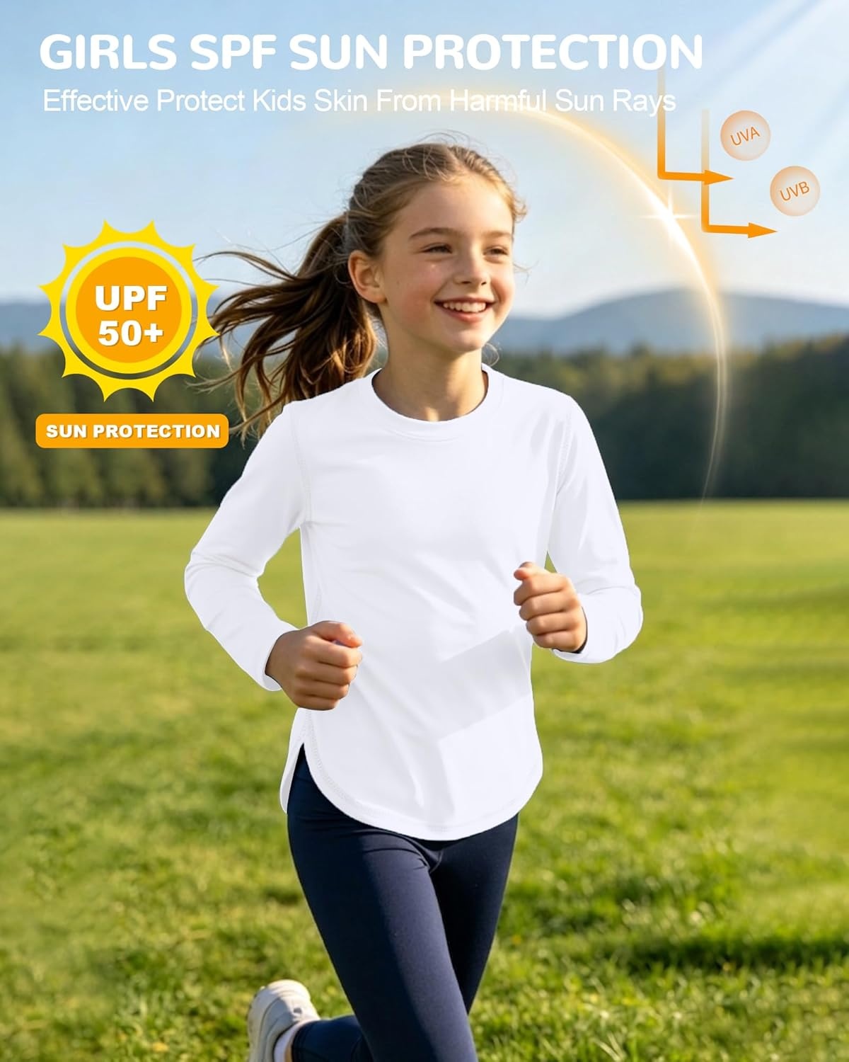 image:imageRunhit UPF 50 Rash Guard for Girls Quick Dry Athletic Tops Kids UV Sun Protection Shirt Workout Long Sleeve ShirtsWhite