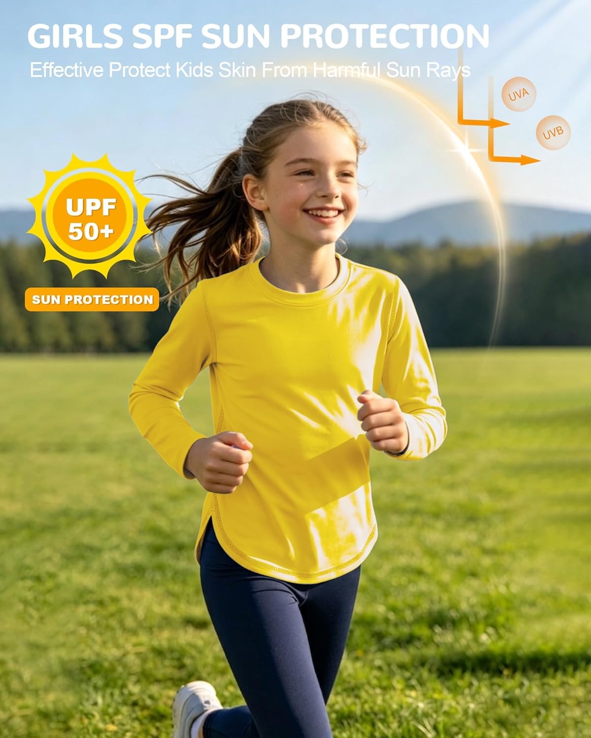 image:imageRunhit UPF 50 Rash Guard for Girls Quick Dry Athletic Tops Kids UV Sun Protection Shirt Workout Long Sleeve ShirtsYellow