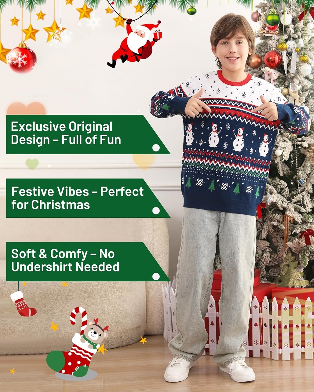 image:imageRunhit Ugly Christmas Sweater for Kids Youth Boys and Girls Funny Crew Neck Xmas Pullover for Holiday Vacation GiftsChristmas Snowman